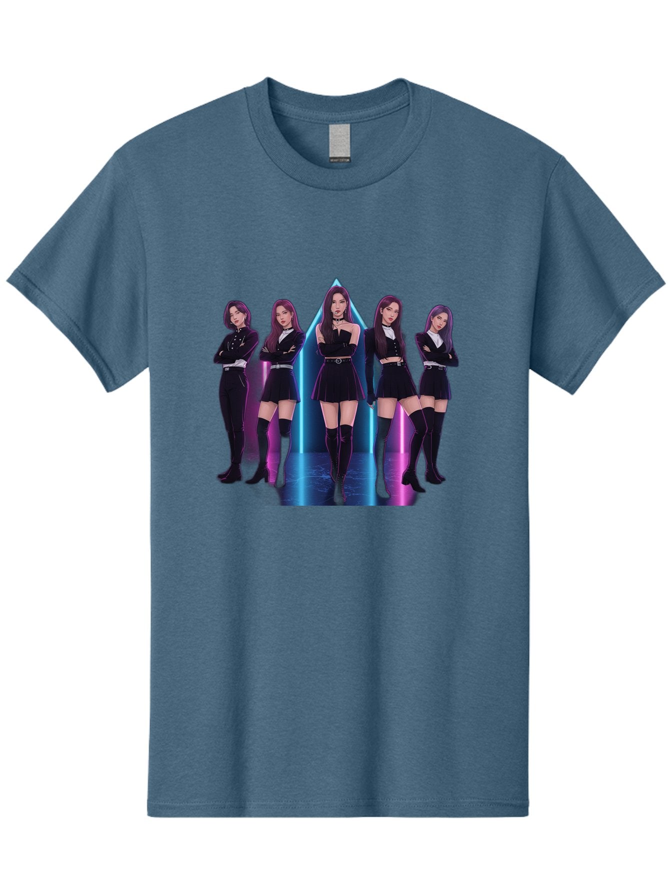 Itzy-Group-Shot Men'S Graphic Tee, 100% Cotton, Comfortable Casual Summer Wear, Machine Washable, K-Pop Group Itzy, Five Members Standing Together, Black Outfits, Futuristic Style, Neon Lights, Edgy Fashion, Modern Music, Group Pose, Bac077 6