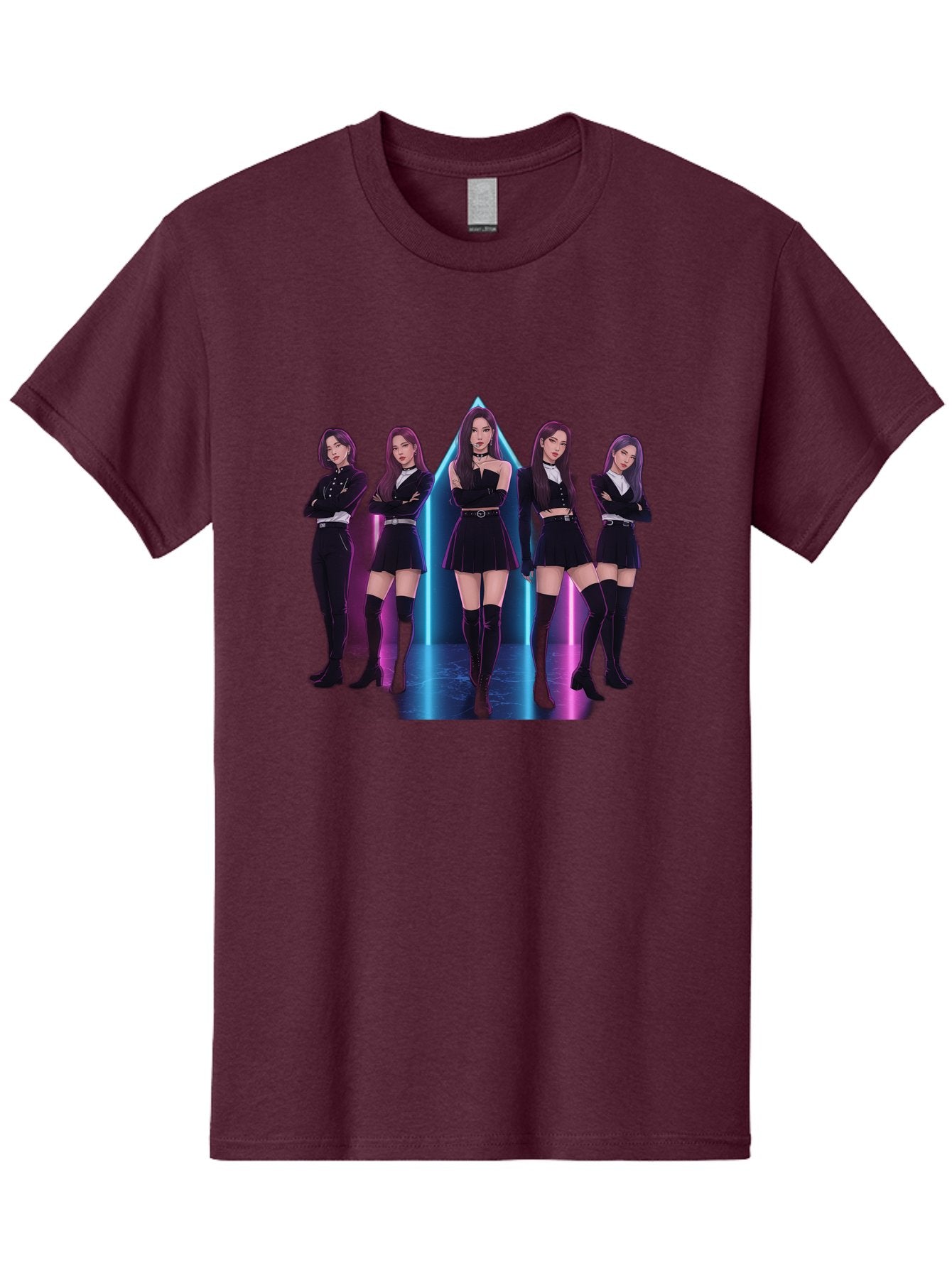 Itzy-Group-Shot Men'S Graphic Tee, 100% Cotton, Comfortable Casual Summer Wear, Machine Washable, K-Pop Group Itzy, Five Members Standing Together, Black Outfits, Futuristic Style, Neon Lights, Edgy Fashion, Modern Music, Group Pose, Bac077 11