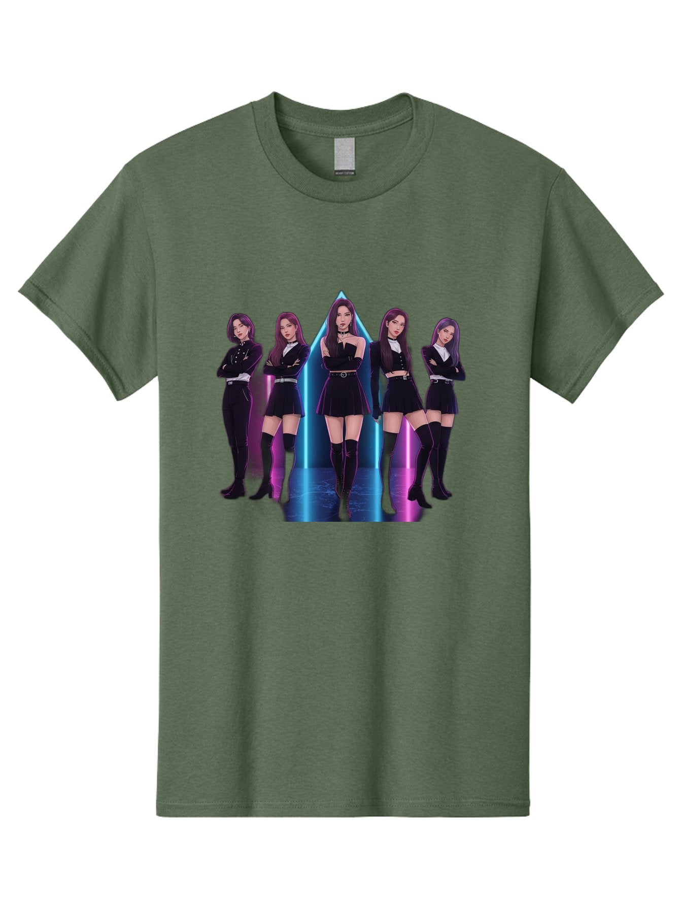 Itzy-Group-Shot Men'S Graphic Tee, 100% Cotton, Comfortable Casual Summer Wear, Machine Washable, K-Pop Group Itzy, Five Members Standing Together, Black Outfits, Futuristic Style, Neon Lights, Edgy Fashion, Modern Music, Group Pose, Bac077 13