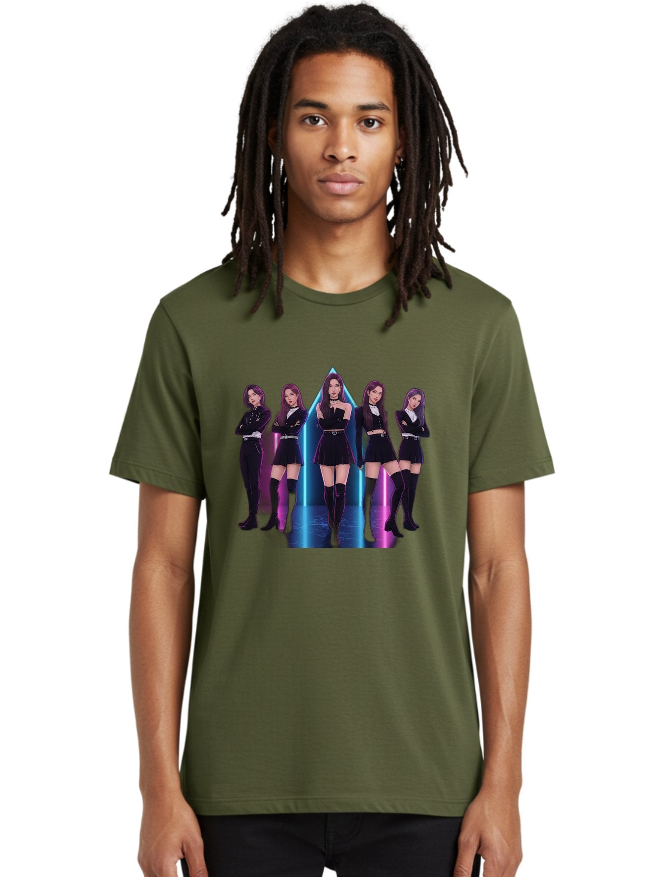 Itzy-Group-Shot Men'S Graphic Tee, 100% Cotton, Comfortable Casual Summer Wear, Machine Washable, K-Pop Group Itzy, Five Members Standing Together, Black Outfits, Futuristic Style, Neon Lights, Edgy Fashion, Modern Music, Group Pose, Bac077 20