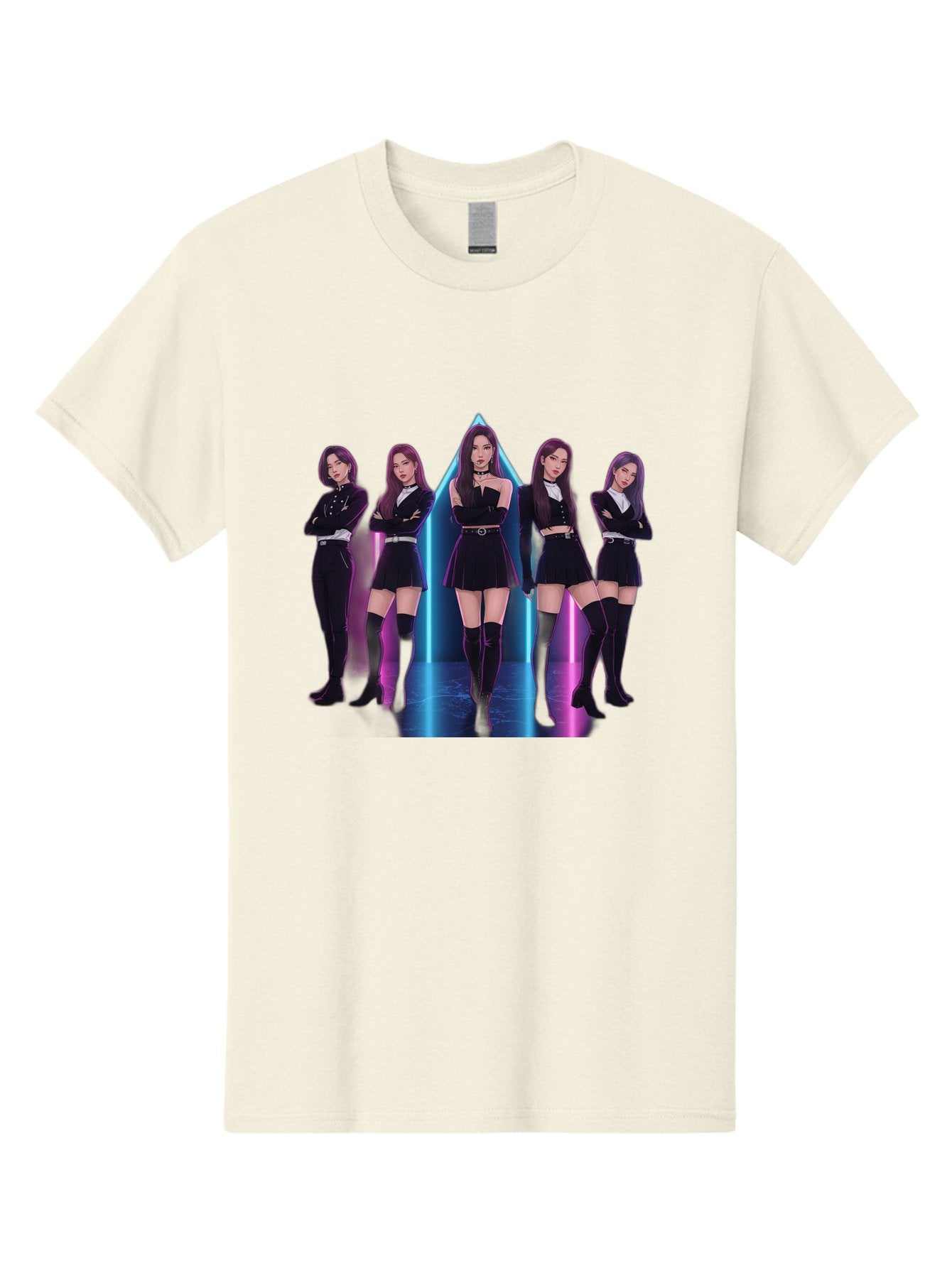 Itzy-Group-Shot Men'S Graphic Tee, 100% Cotton, Comfortable Casual Summer Wear, Machine Washable, K-Pop Group Itzy, Five Members Standing Together, Black Outfits, Futuristic Style, Neon Lights, Edgy Fashion, Modern Music, Group Pose, Bac077 7