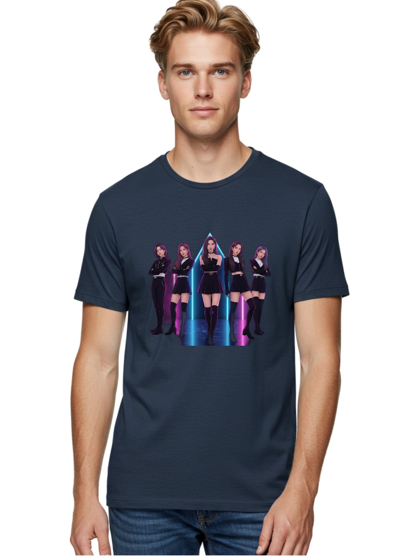 Itzy-Group-Shot Men'S Graphic Tee, 100% Cotton, Comfortable Casual Summer Wear, Machine Washable, K-Pop Group Itzy, Five Members Standing Together, Black Outfits, Futuristic Style, Neon Lights, Edgy Fashion, Modern Music, Group Pose, Bac077 30