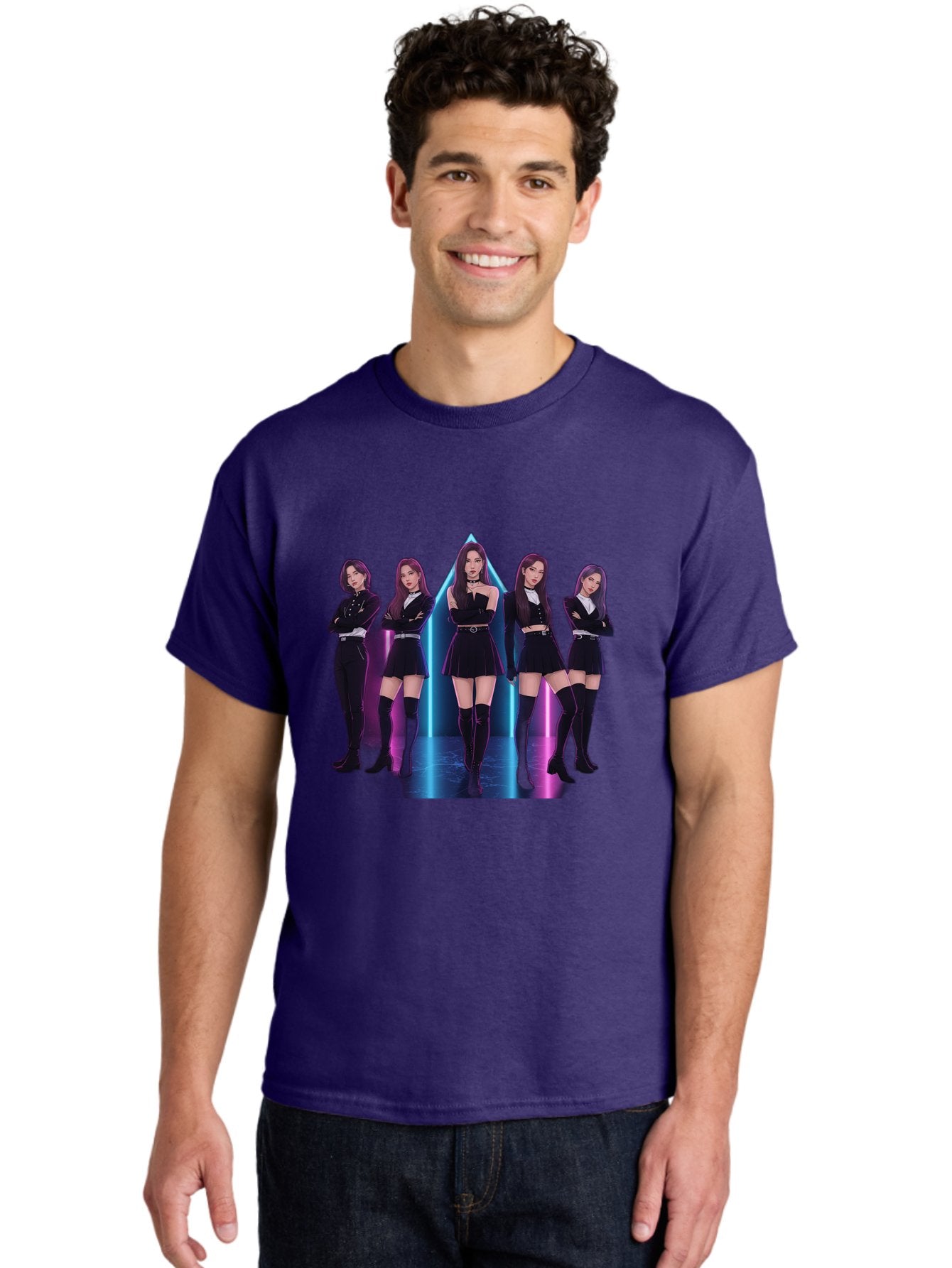 Itzy-Group-Shot Men'S Graphic Tee, 100% Cotton, Comfortable Casual Summer Wear, Machine Washable, K-Pop Group Itzy, Five Members Standing Together, Black Outfits, Futuristic Style, Neon Lights, Edgy Fashion, Modern Music, Group Pose, Bac077 18