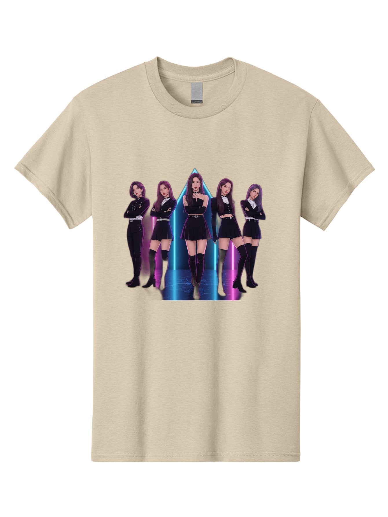 Itzy-Group-Shot Men'S Graphic Tee, 100% Cotton, Comfortable Casual Summer Wear, Machine Washable, K-Pop Group Itzy, Five Members Standing Together, Black Outfits, Futuristic Style, Neon Lights, Edgy Fashion, Modern Music, Group Pose, Bac077 3