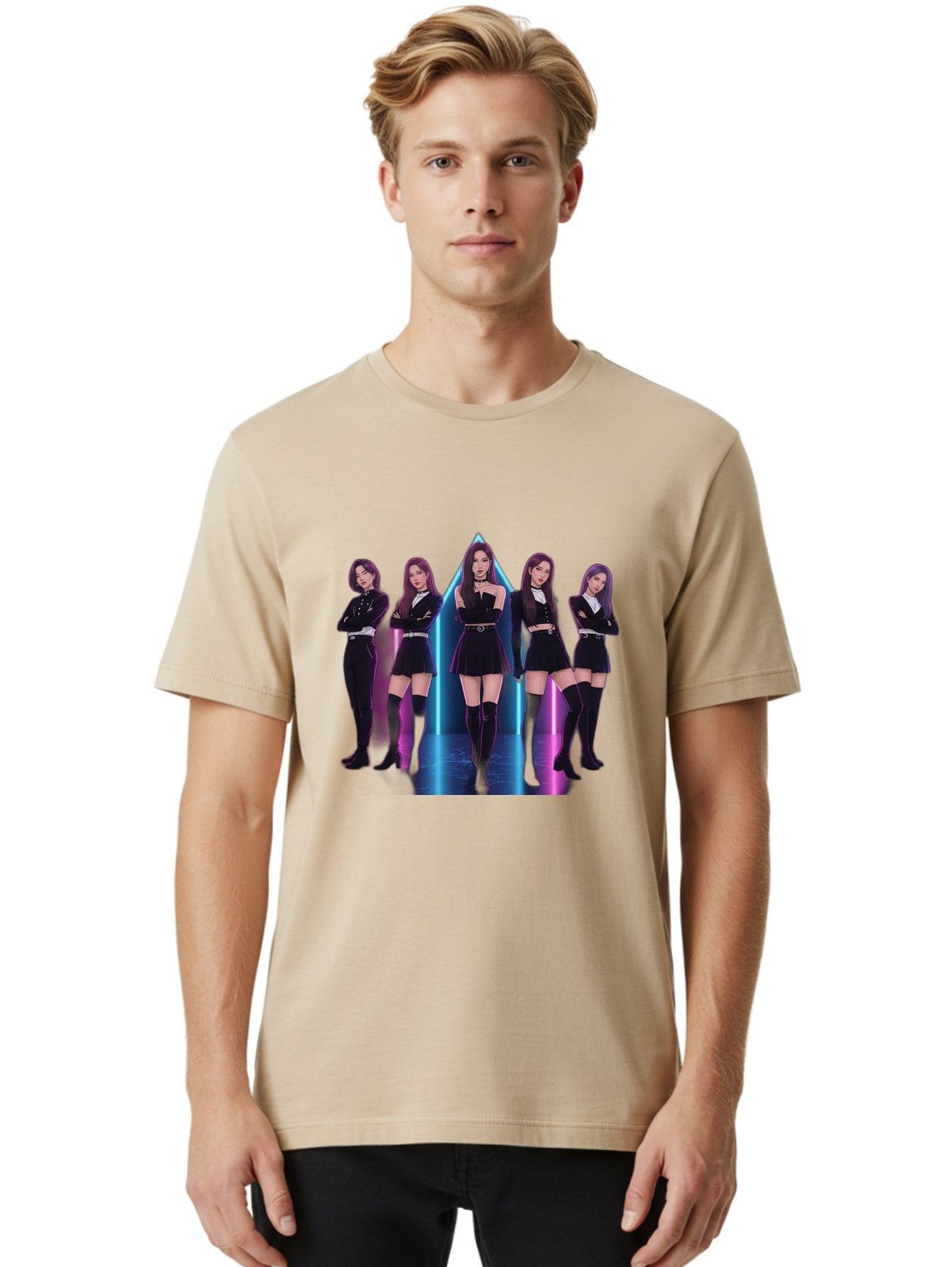 Itzy-Group-Shot Men'S Graphic Tee, 100% Cotton, Comfortable Casual Summer Wear, Machine Washable, K-Pop Group Itzy, Five Members Standing Together, Black Outfits, Futuristic Style, Neon Lights, Edgy Fashion, Modern Music, Group Pose, Bac077 22