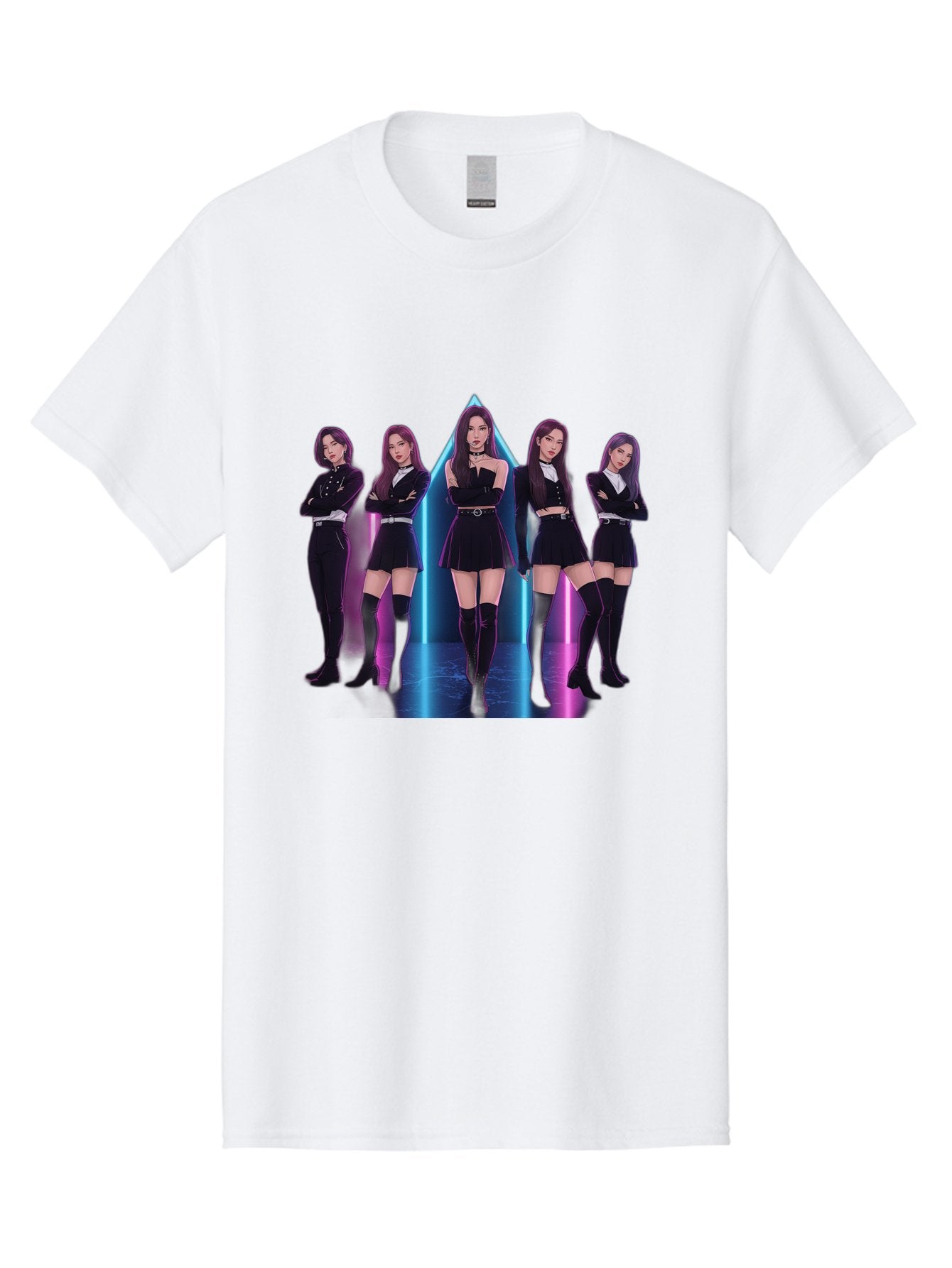 Itzy-Group-Shot Men'S Graphic Tee, 100% Cotton, Comfortable Casual Summer Wear, Machine Washable, K-Pop Group Itzy, Five Members Standing Together, Black Outfits, Futuristic Style, Neon Lights, Edgy Fashion, Modern Music, Group Pose, Bac077 10