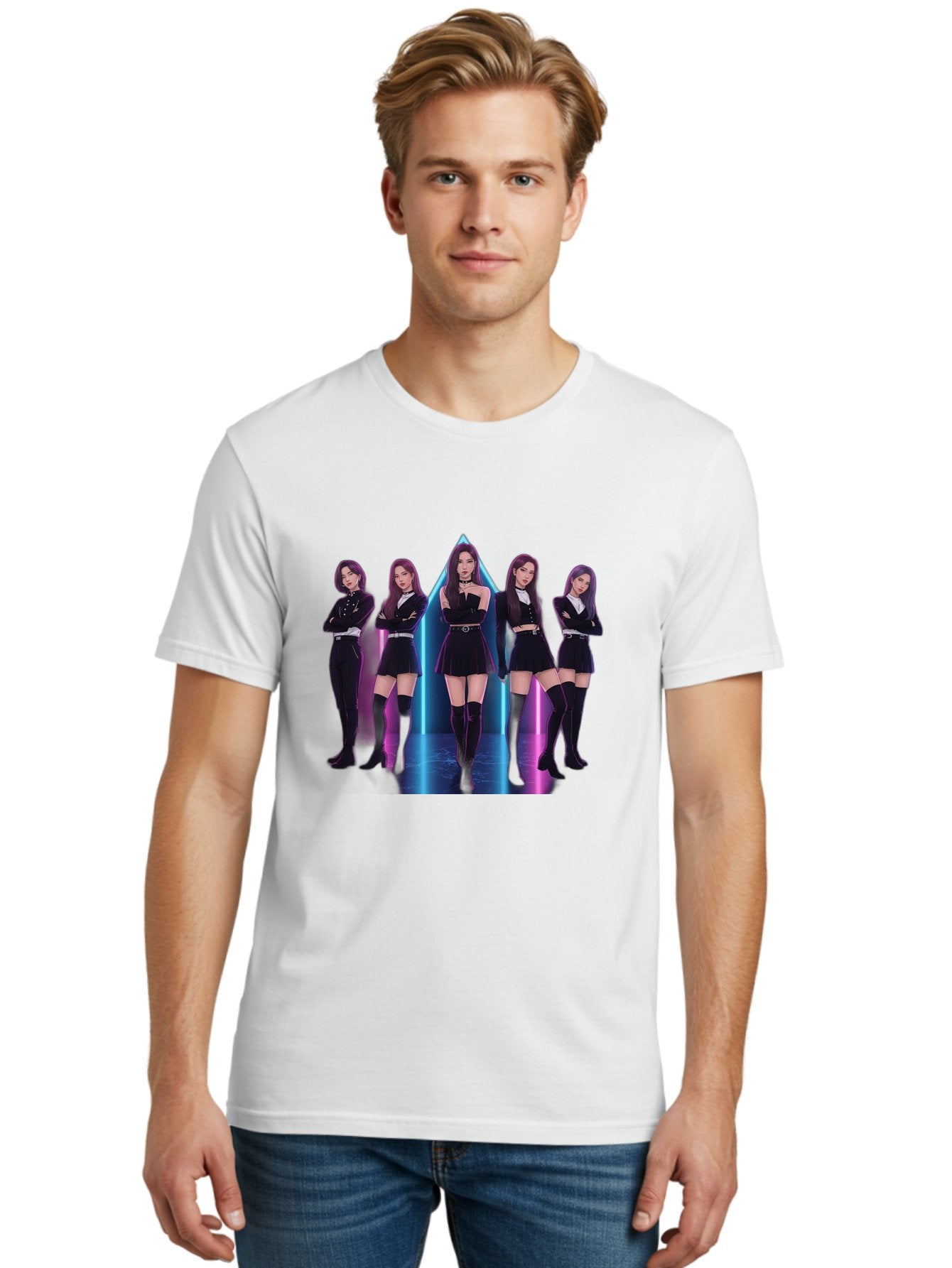 Itzy-Group-Shot Men'S Graphic Tee, 100% Cotton, Comfortable Casual Summer Wear, Machine Washable, K-Pop Group Itzy, Five Members Standing Together, Black Outfits, Futuristic Style, Neon Lights, Edgy Fashion, Modern Music, Group Pose, Bac077 17