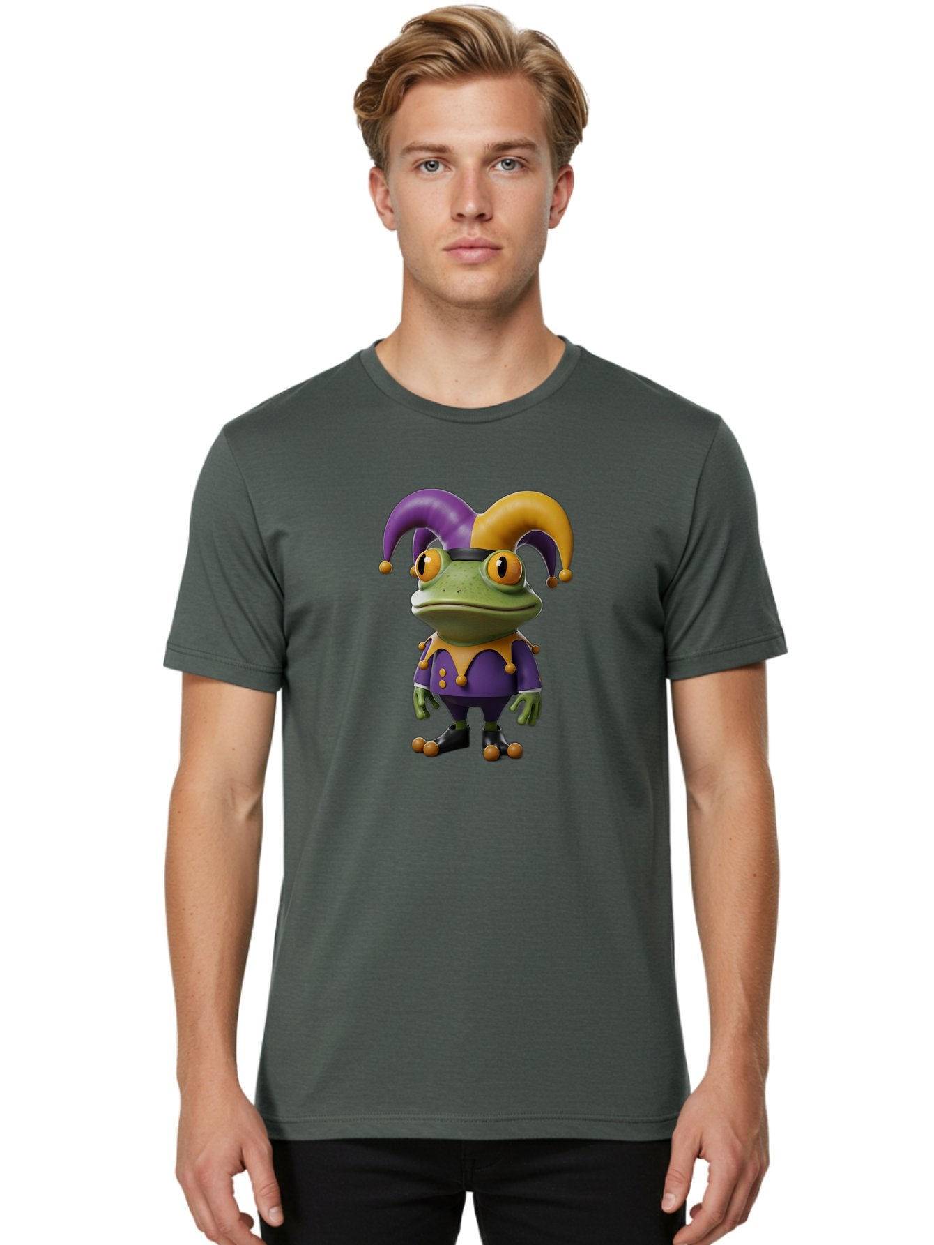 Jester-Frog Men'S Graphic Tee, 100% Cotton, Comfortable Casual Summer Wear, Machine Washable, Frog Character, Cartoon Style, Jester Costume, Purple And Yellow, 3D Rendering, Fantasy Creature, Comedic Design, Jester Hat, Froggy Illustration Bac078 28