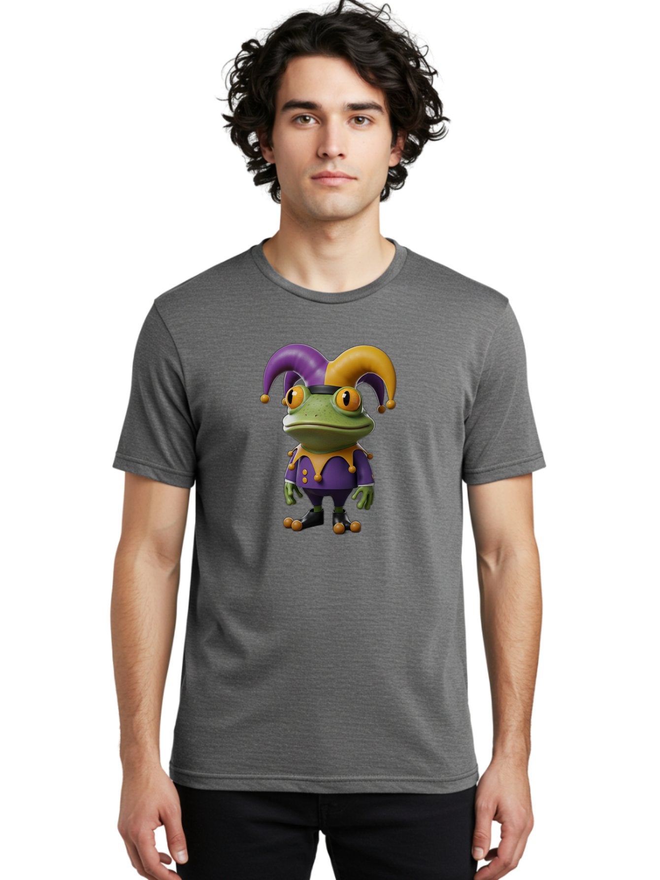 Jester-Frog Men'S Graphic Tee, 100% Cotton, Comfortable Casual Summer Wear, Machine Washable, Frog Character, Cartoon Style, Jester Costume, Purple And Yellow, 3D Rendering, Fantasy Creature, Comedic Design, Jester Hat, Froggy Illustration Bac078 17