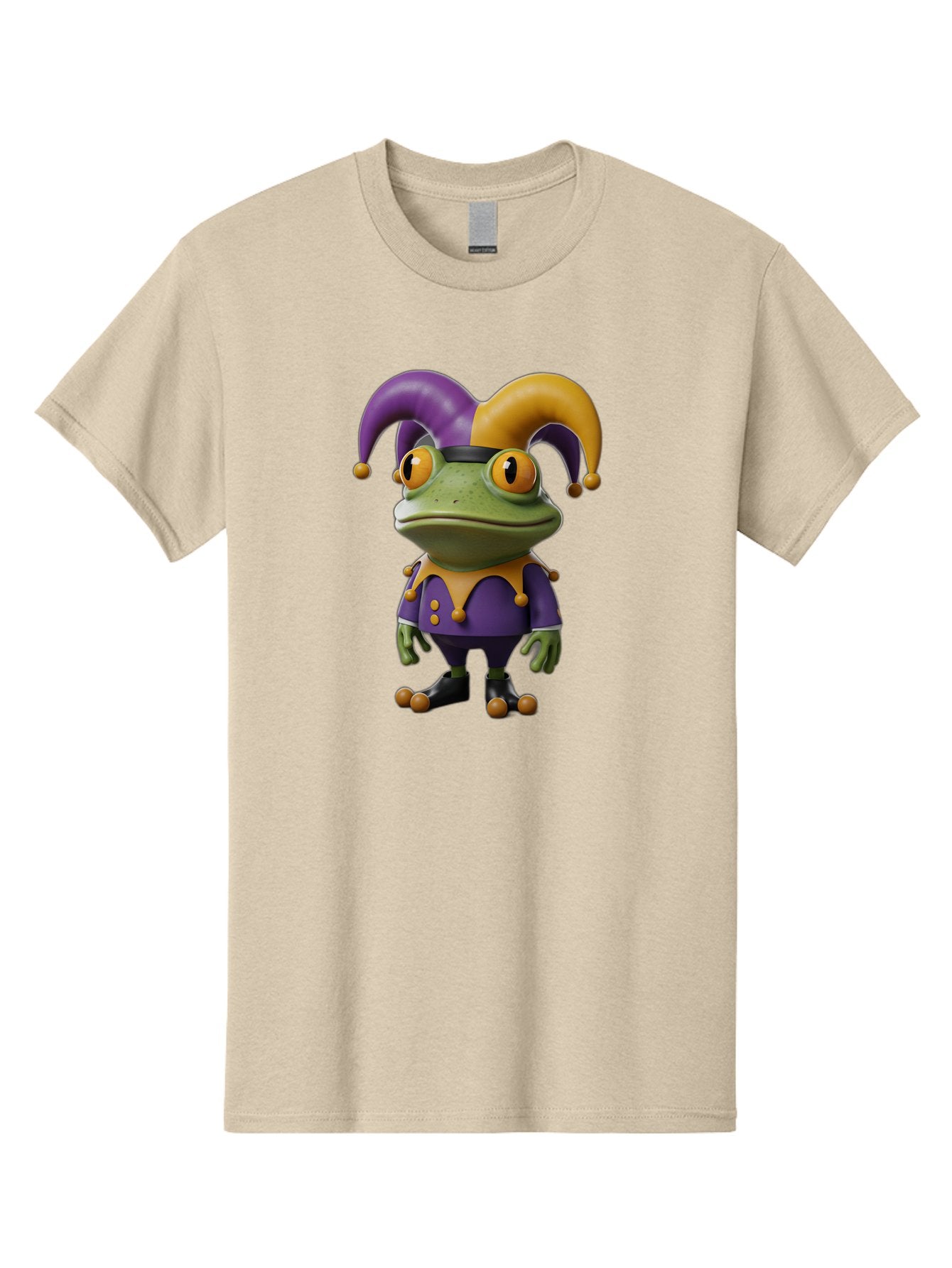 Jester-Frog Men'S Graphic Tee, 100% Cotton, Comfortable Casual Summer Wear, Machine Washable, Frog Character, Cartoon Style, Jester Costume, Purple And Yellow, 3D Rendering, Fantasy Creature, Comedic Design, Jester Hat, Froggy Illustration Bac078