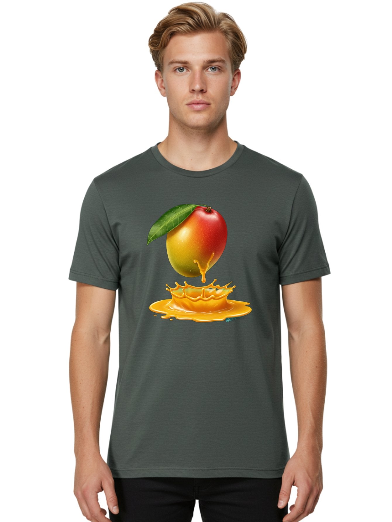 Juicy-Mango Men'S Graphic Tee, 100% Cotton, Comfortable Casual Summer Wear, Machine Washable, Juicy Mango, Mango Juice Splash, Fresh Fruit, Vibrant Colors, Ripe Mango, Mango Pulp, Splash Effect, Sweet And Tangy Bac079 23