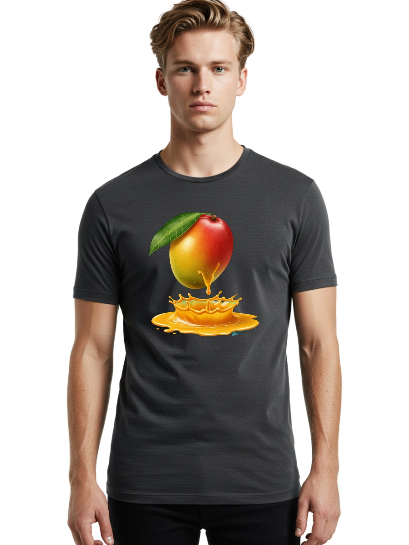 Juicy-Mango Men'S Graphic Tee, 100% Cotton, Comfortable Casual Summer Wear, Machine Washable, Juicy Mango, Mango Juice Splash, Fresh Fruit, Vibrant Colors, Ripe Mango, Mango Pulp, Splash Effect, Sweet And Tangy Bac079 24