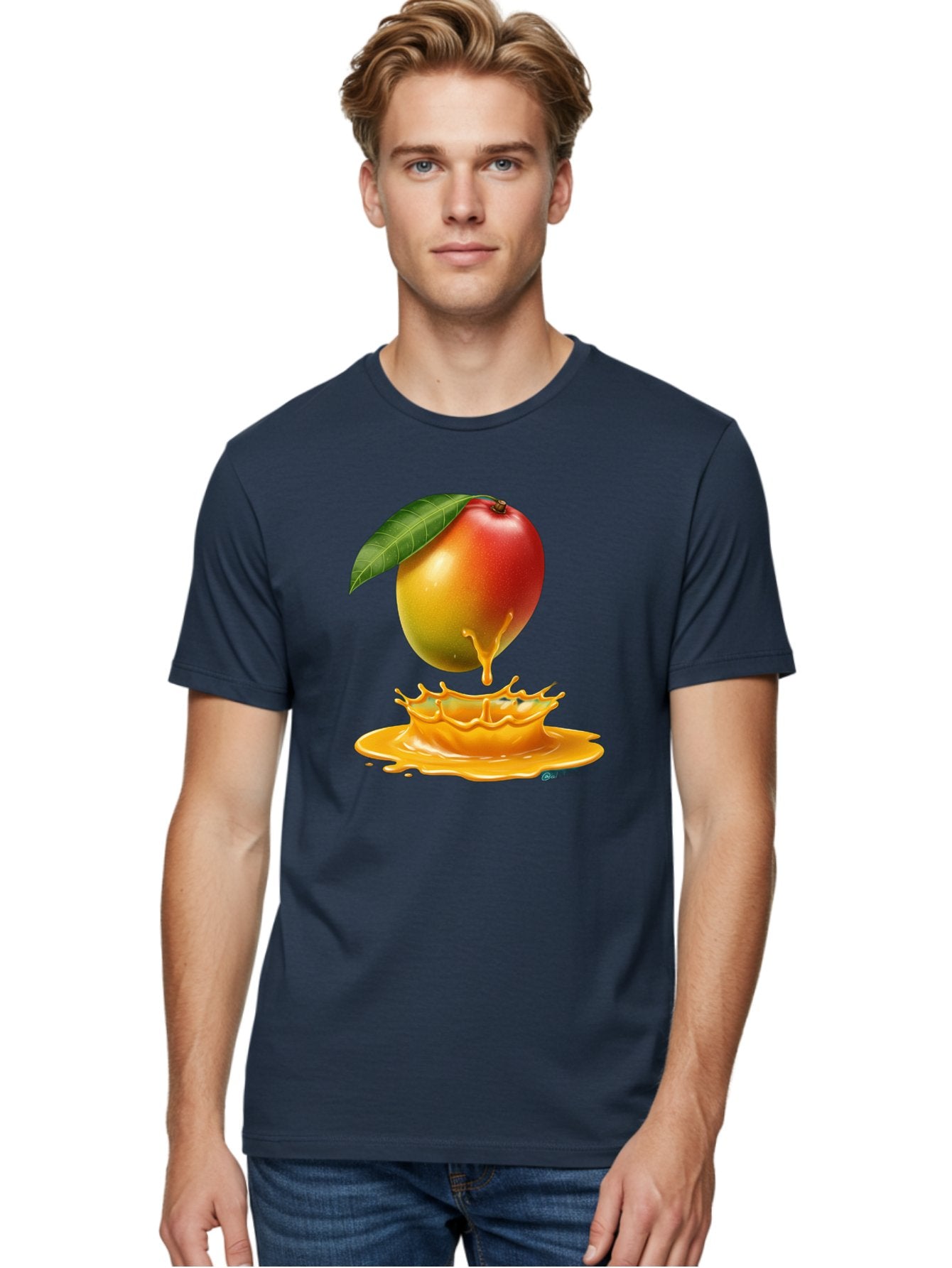 Juicy-Mango Men'S Graphic Tee, 100% Cotton, Comfortable Casual Summer Wear, Machine Washable, Juicy Mango, Mango Juice Splash, Fresh Fruit, Vibrant Colors, Ripe Mango, Mango Pulp, Splash Effect, Sweet And Tangy Bac079 25