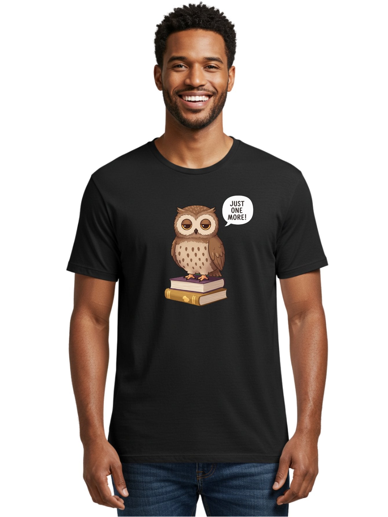 Just-One-More-3 Men'S Graphic Tee, 100% Cotton, Comfortable Casual Summer Wear, Machine Washable, Owl On Books, Reading Owl, Book Lover, Just One More, Cartoon Owl, Humorous Illustration, Reading Addiction, Brown Owl, Book Stack, Adorable Owl Bac082 18