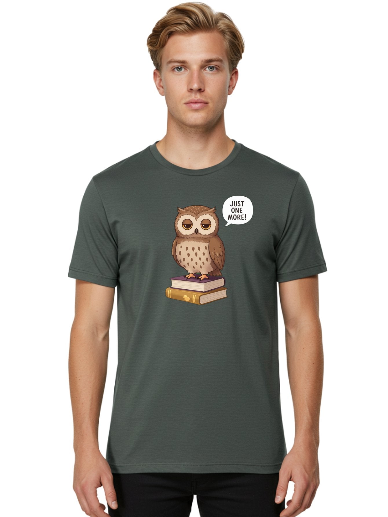 Just-One-More-3 Men'S Graphic Tee, 100% Cotton, Comfortable Casual Summer Wear, Machine Washable, Owl On Books, Reading Owl, Book Lover, Just One More, Cartoon Owl, Humorous Illustration, Reading Addiction, Brown Owl, Book Stack, Adorable Owl Bac082 17