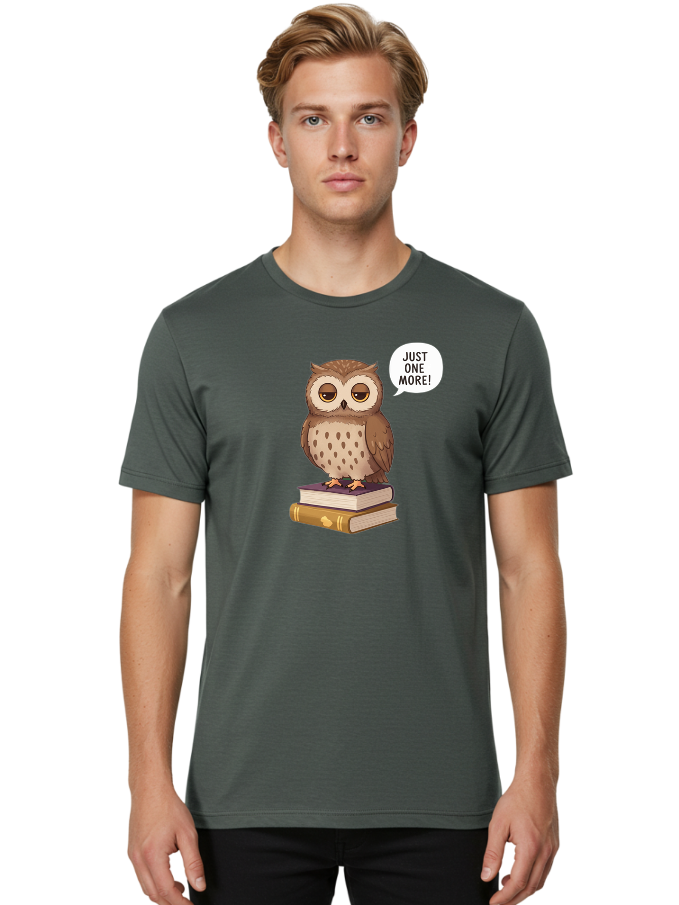 Just-One-More-3 Men'S Graphic Tee, 100% Cotton, Comfortable Casual Summer Wear, Machine Washable, Owl On Books, Reading Owl, Book Lover, Just One More, Cartoon Owl, Humorous Illustration, Reading Addiction, Brown Owl, Book Stack, Adorable Owl Bac082 29