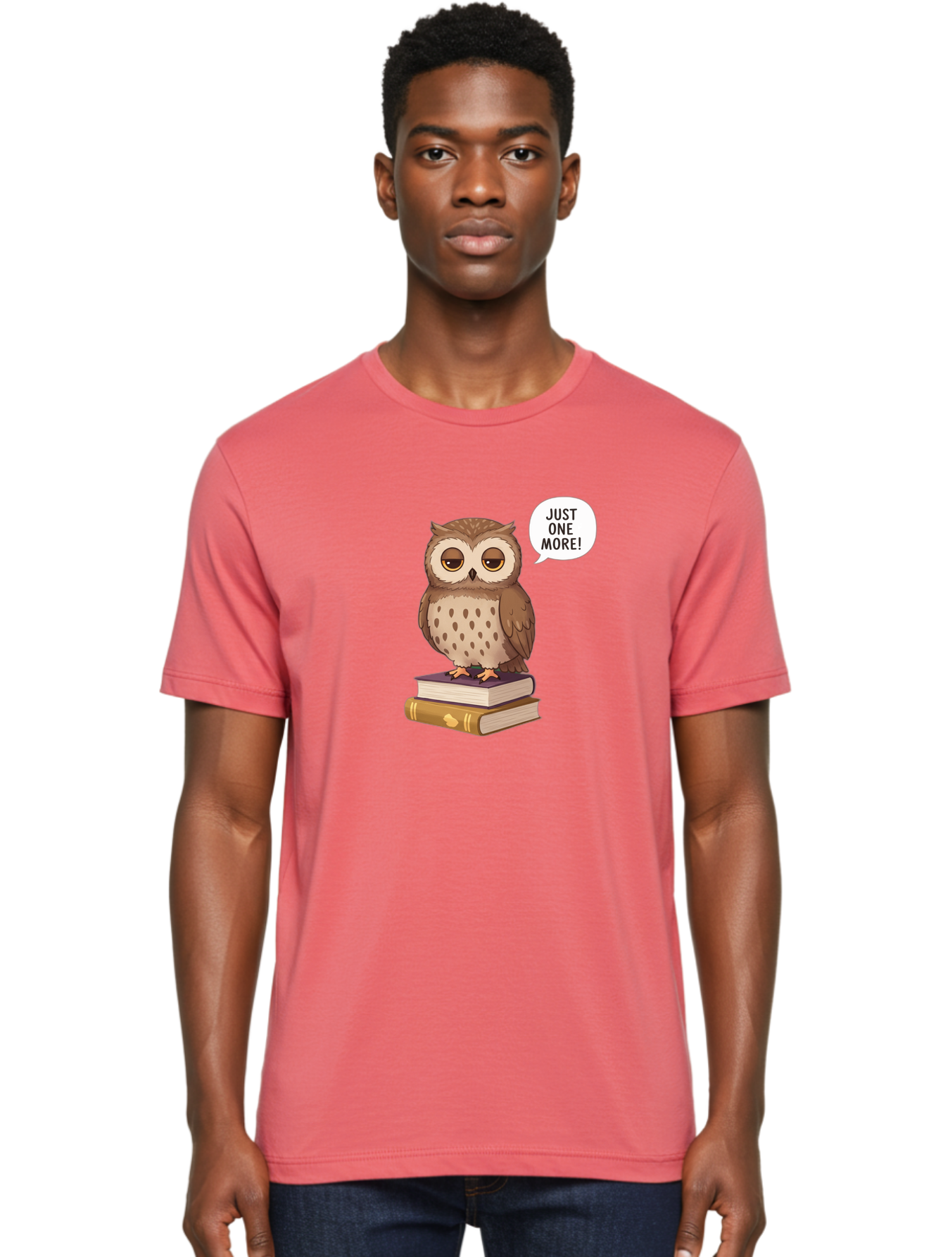 Just-One-More-3 Men'S Graphic Tee, 100% Cotton, Comfortable Casual Summer Wear, Machine Washable, Owl On Books, Reading Owl, Book Lover, Just One More, Cartoon Owl, Humorous Illustration, Reading Addiction, Brown Owl, Book Stack, Adorable Owl Bac082 25