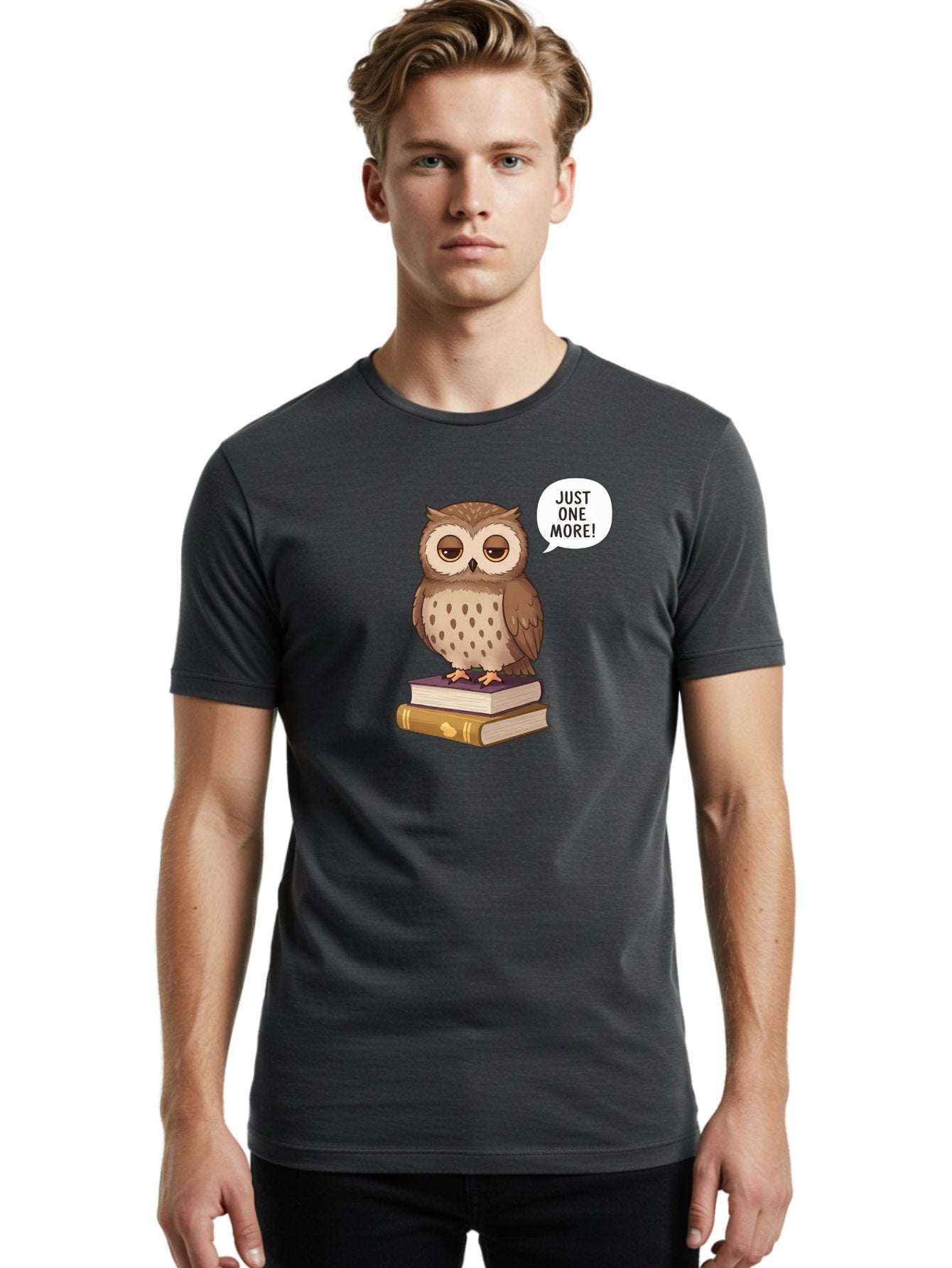 Just-One-More-3 Men'S Graphic Tee, 100% Cotton, Comfortable Casual Summer Wear, Machine Washable, Owl On Books, Reading Owl, Book Lover, Just One More, Cartoon Owl, Humorous Illustration, Reading Addiction, Brown Owl, Book Stack, Adorable Owl Bac082 29