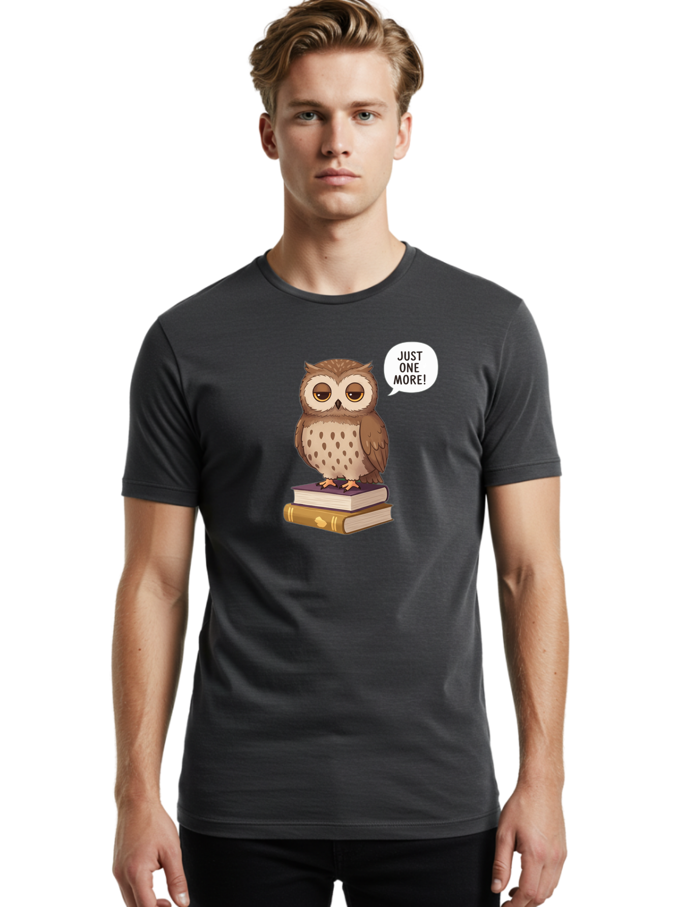 Just-One-More-3 Men'S Graphic Tee, 100% Cotton, Comfortable Casual Summer Wear, Machine Washable, Owl On Books, Reading Owl, Book Lover, Just One More, Cartoon Owl, Humorous Illustration, Reading Addiction, Brown Owl, Book Stack, Adorable Owl Bac082 17