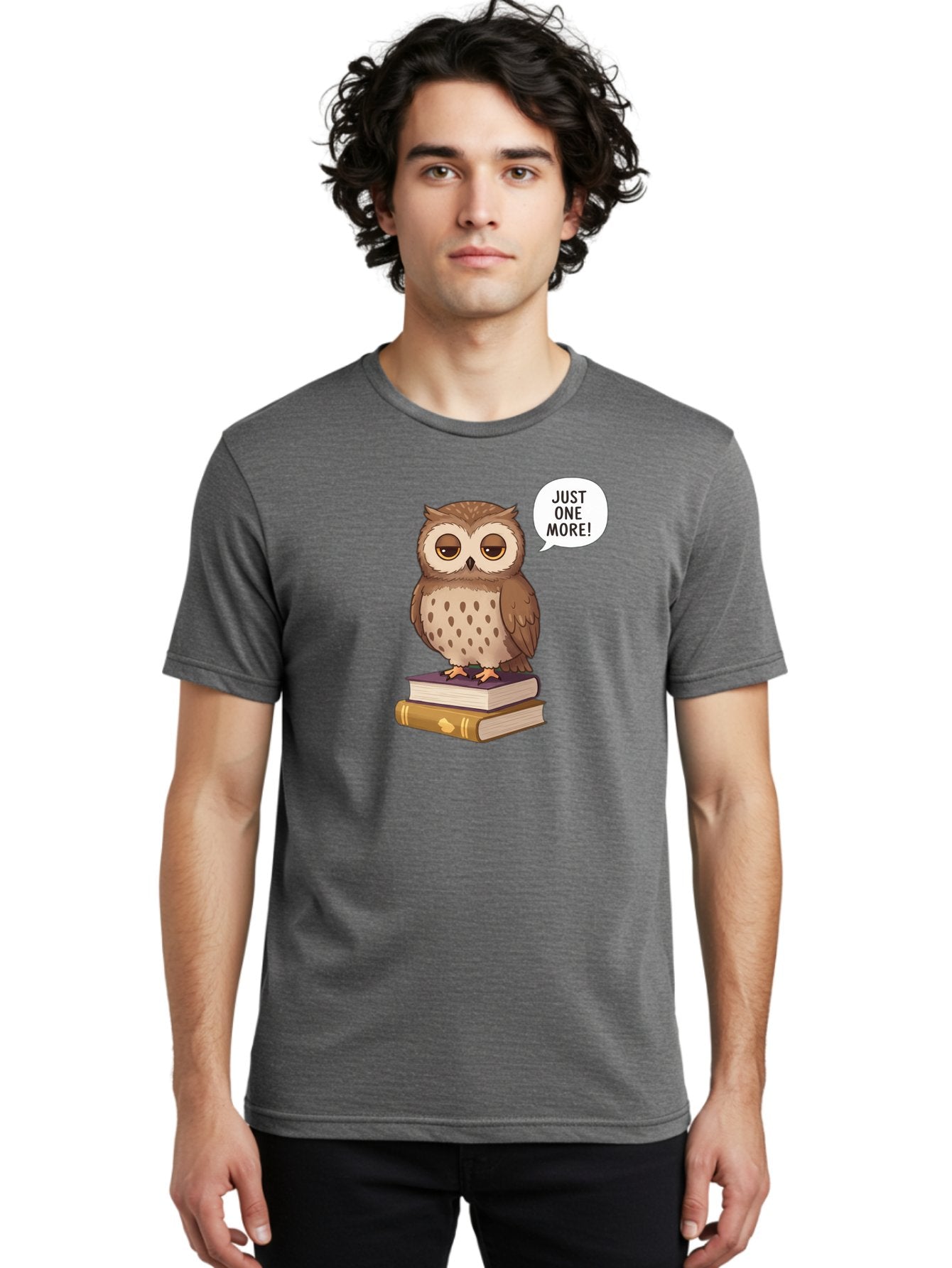 Just-One-More-3 Men'S Graphic Tee, 100% Cotton, Comfortable Casual Summer Wear, Machine Washable, Owl On Books, Reading Owl, Book Lover, Just One More, Cartoon Owl, Humorous Illustration, Reading Addiction, Brown Owl, Book Stack, Adorable Owl Bac082 20