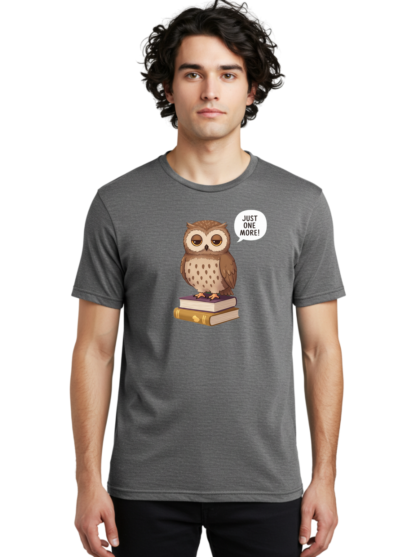 Just-One-More-3 Men'S Graphic Tee, 100% Cotton, Comfortable Casual Summer Wear, Machine Washable, Owl On Books, Reading Owl, Book Lover, Just One More, Cartoon Owl, Humorous Illustration, Reading Addiction, Brown Owl, Book Stack, Adorable Owl Bac082 30