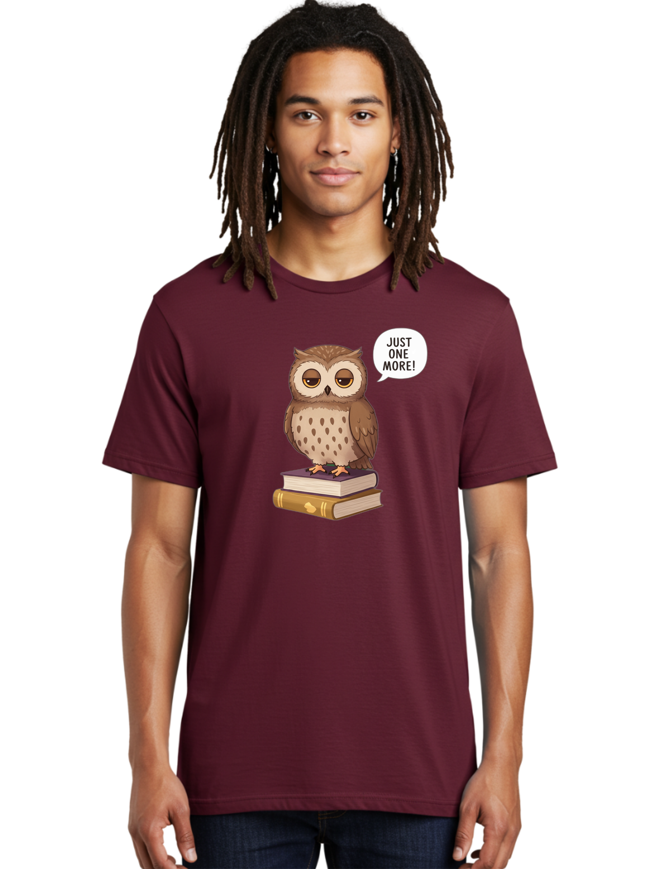 Just-One-More-3 Men'S Graphic Tee, 100% Cotton, Comfortable Casual Summer Wear, Machine Washable, Owl On Books, Reading Owl, Book Lover, Just One More, Cartoon Owl, Humorous Illustration, Reading Addiction, Brown Owl, Book Stack, Adorable Owl Bac082 20