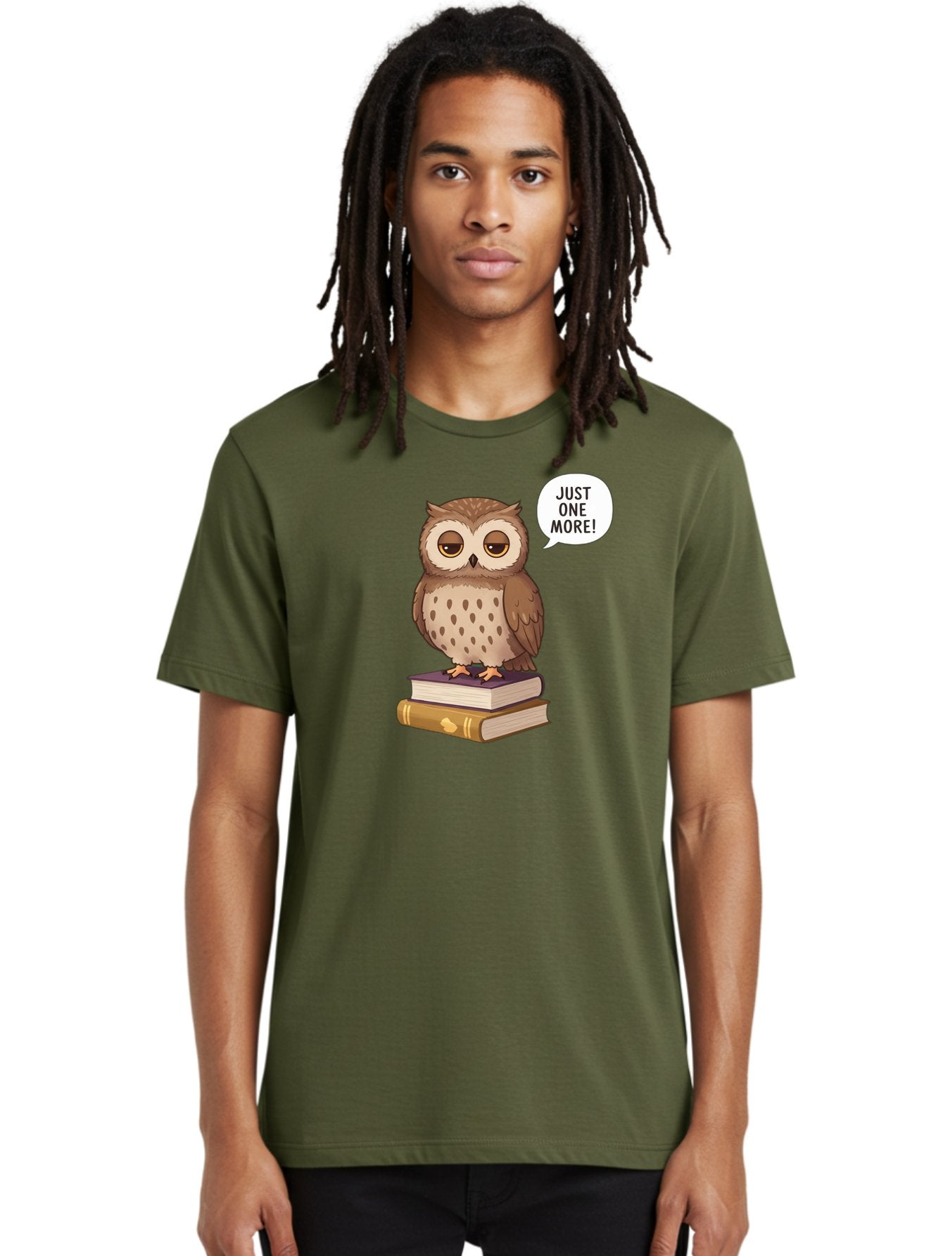 Just-One-More-3 Men'S Graphic Tee, 100% Cotton, Comfortable Casual Summer Wear, Machine Washable, Owl On Books, Reading Owl, Book Lover, Just One More, Cartoon Owl, Humorous Illustration, Reading Addiction, Brown Owl, Book Stack, Adorable Owl Bac082 27