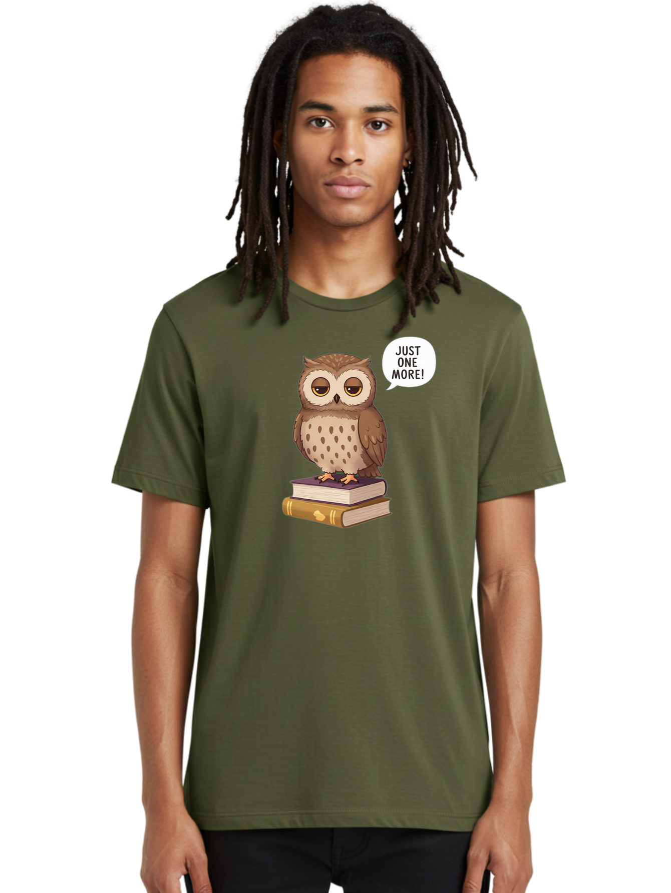Just-One-More-3 Men'S Graphic Tee, 100% Cotton, Comfortable Casual Summer Wear, Machine Washable, Owl On Books, Reading Owl, Book Lover, Just One More, Cartoon Owl, Humorous Illustration, Reading Addiction, Brown Owl, Book Stack, Adorable Owl Bac082 19