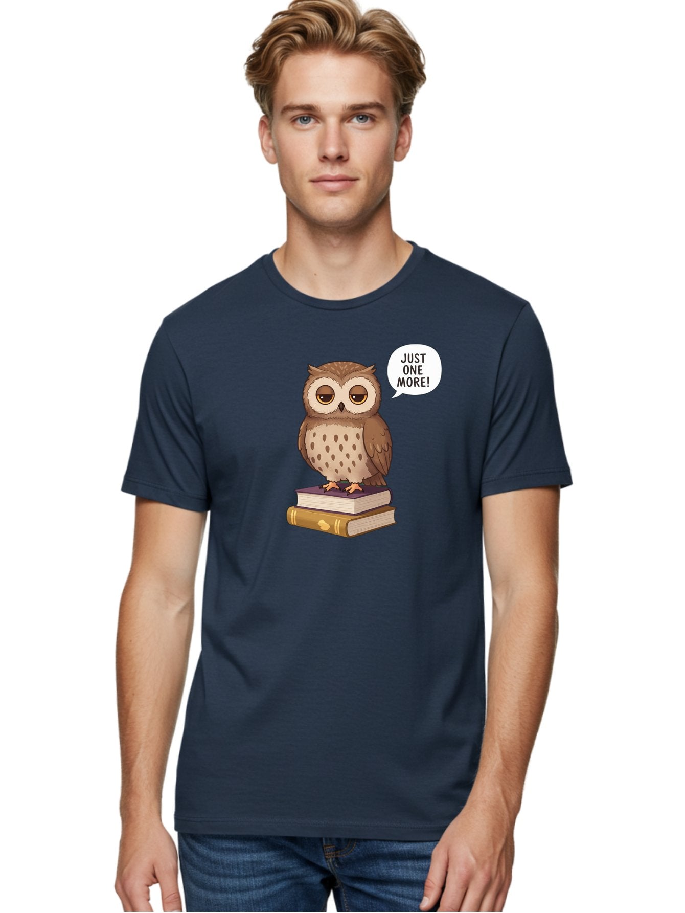 Just-One-More-3 Men'S Graphic Tee, 100% Cotton, Comfortable Casual Summer Wear, Machine Washable, Owl On Books, Reading Owl, Book Lover, Just One More, Cartoon Owl, Humorous Illustration, Reading Addiction, Brown Owl, Book Stack, Adorable Owl Bac082 22