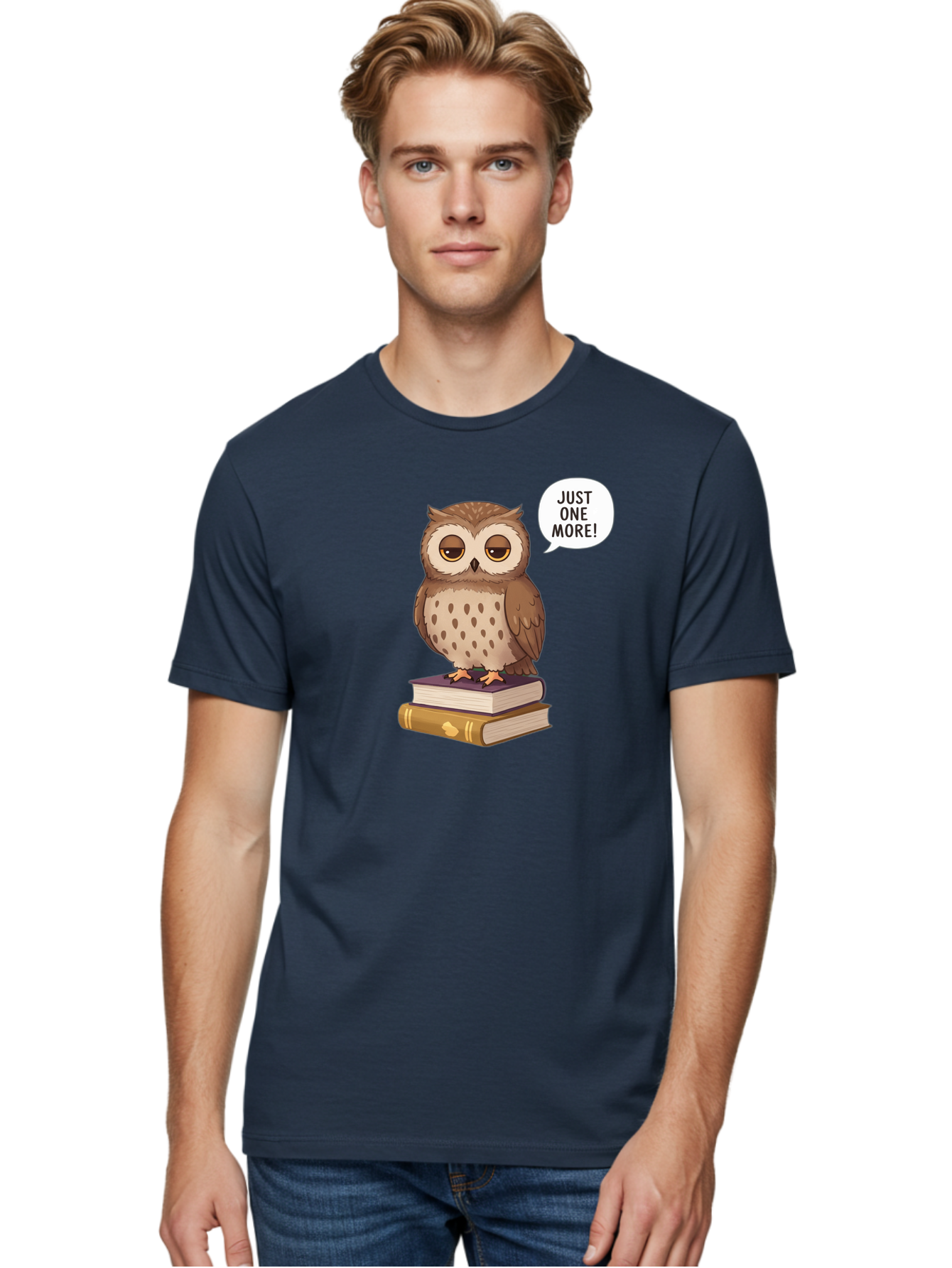 Just-One-More-3 Men'S Graphic Tee, 100% Cotton, Comfortable Casual Summer Wear, Machine Washable, Owl On Books, Reading Owl, Book Lover, Just One More, Cartoon Owl, Humorous Illustration, Reading Addiction, Brown Owl, Book Stack, Adorable Owl Bac082 24