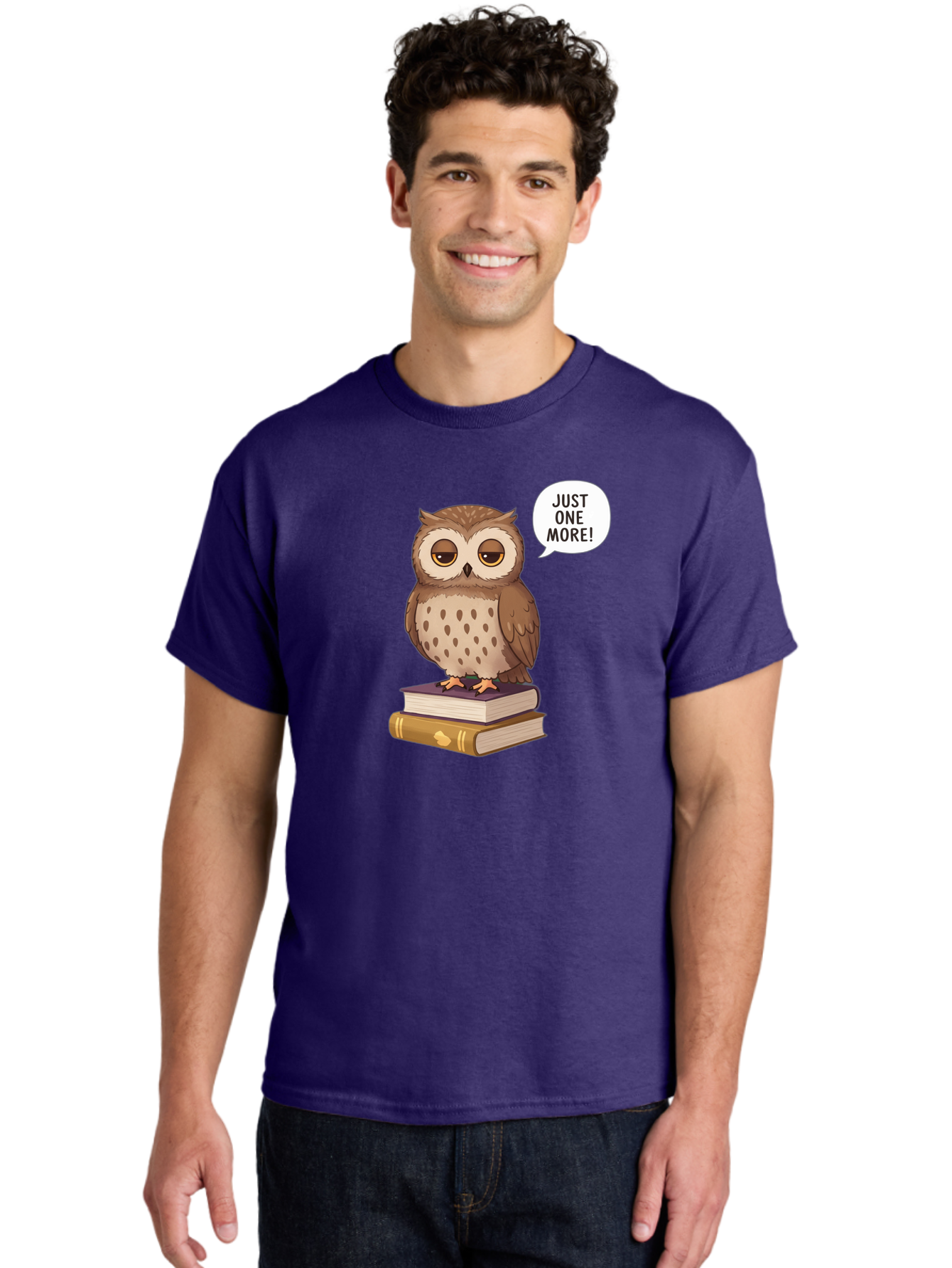 Just-One-More-3 Men'S Graphic Tee, 100% Cotton, Comfortable Casual Summer Wear, Machine Washable, Owl On Books, Reading Owl, Book Lover, Just One More, Cartoon Owl, Humorous Illustration, Reading Addiction, Brown Owl, Book Stack, Adorable Owl Bac082 16