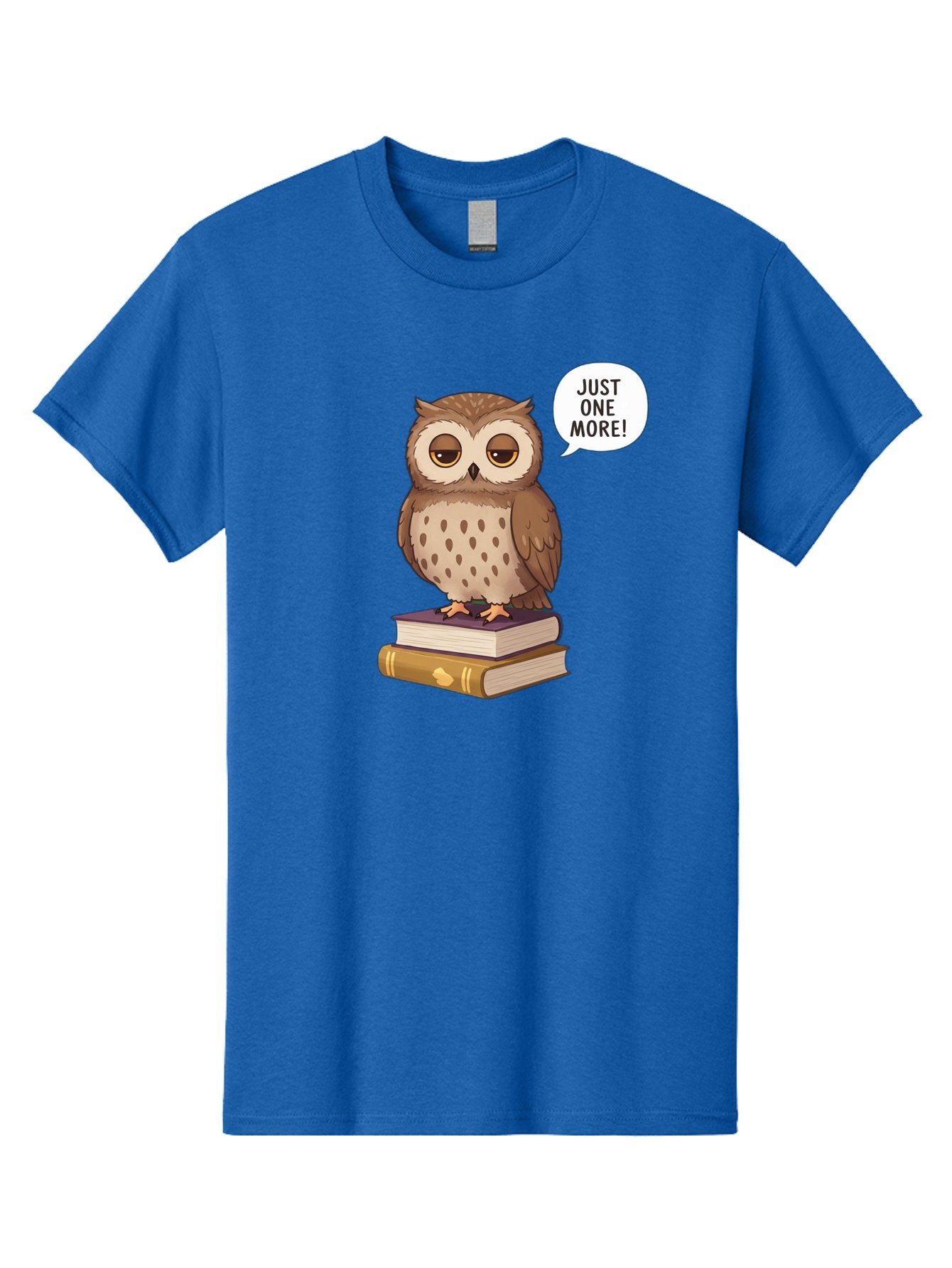 Just-One-More-3 Men'S Graphic Tee, 100% Cotton, Comfortable Casual Summer Wear, Machine Washable, Owl On Books, Reading Owl, Book Lover, Just One More, Cartoon Owl, Humorous Illustration, Reading Addiction, Brown Owl, Book Stack, Adorable Owl Bac082