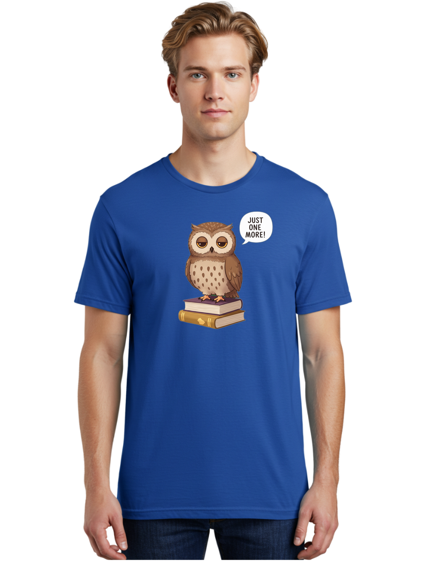 Just-One-More-3 Men'S Graphic Tee, 100% Cotton, Comfortable Casual Summer Wear, Machine Washable, Owl On Books, Reading Owl, Book Lover, Just One More, Cartoon Owl, Humorous Illustration, Reading Addiction, Brown Owl, Book Stack, Adorable Owl Bac082 26