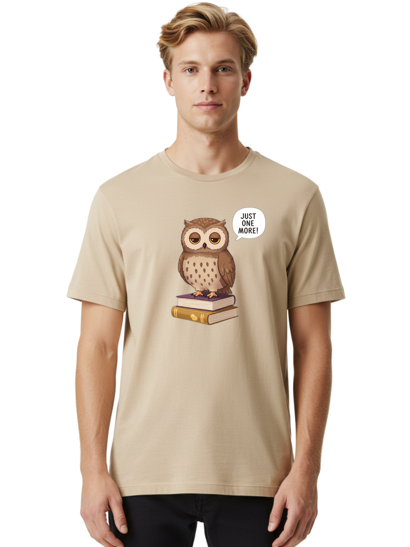 Just-One-More-3 Men'S Graphic Tee, 100% Cotton, Comfortable Casual Summer Wear, Machine Washable, Owl On Books, Reading Owl, Book Lover, Just One More, Cartoon Owl, Humorous Illustration, Reading Addiction, Brown Owl, Book Stack, Adorable Owl Bac082 23