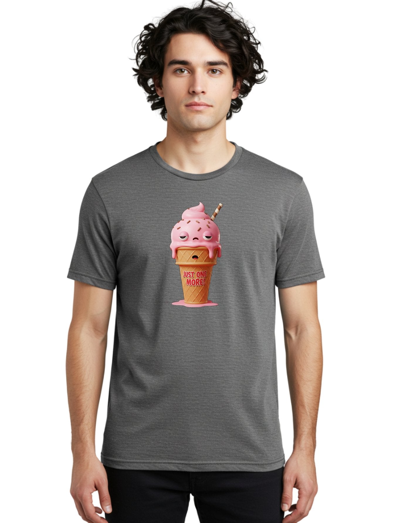Just-One-More-4 Men'S Graphic Tee, 100% Cotton, Comfortable Casual Summer Wear, Machine Washable, Ice Cream Cone, Pink Ice Cream, Melting Ice Cream, Cartoon Character, Playful Design, Sweet Treats, Just One More, Fun And Quirky, Bac083 20