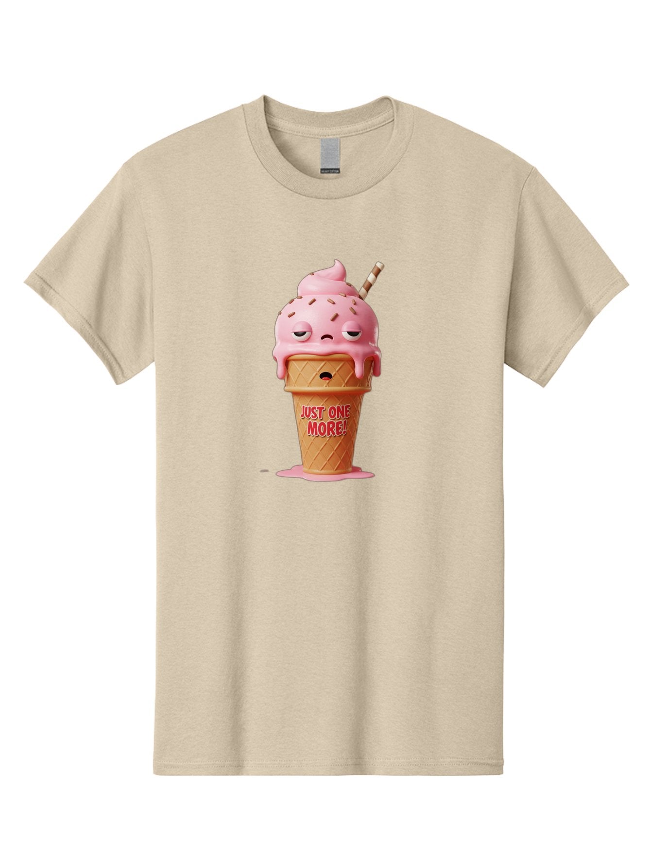 Just-One-More-4 Men'S Graphic Tee, 100% Cotton, Comfortable Casual Summer Wear, Machine Washable, Ice Cream Cone, Pink Ice Cream, Melting Ice Cream, Cartoon Character, Playful Design, Sweet Treats, Just One More, Fun And Quirky, Bac083