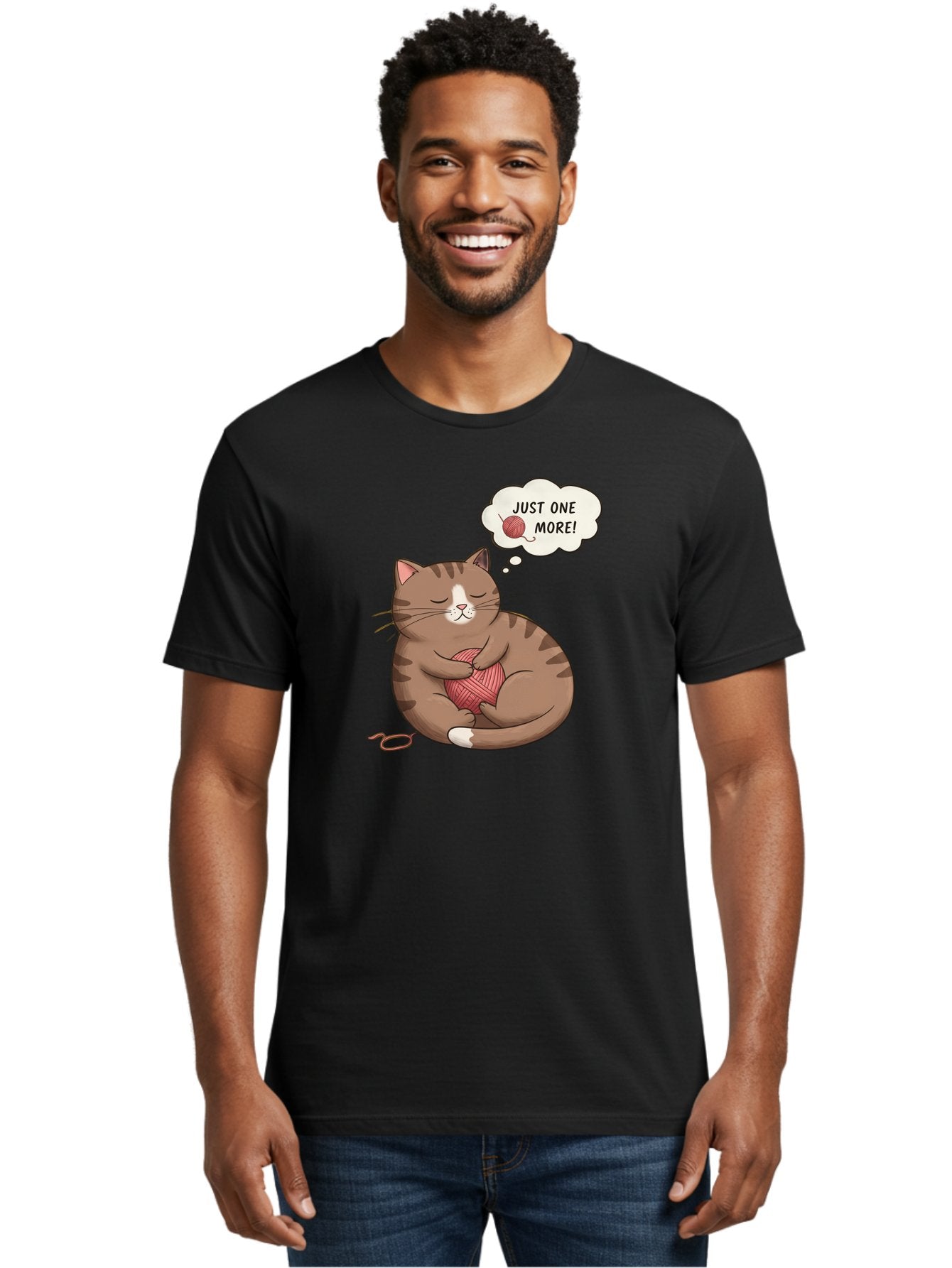 Just-One-More Men'S Graphic Tee, 100% Cotton, Comfortable Casual Summer Wear, Machine Washable, Cat Hugging Yarn Ball, Cartoon Cat, Cute Animal, Funny Meme, Knitting Humor, Adorable Feline, Playful Kitty, Cat Love, Yarn Obsession, Bac084 27