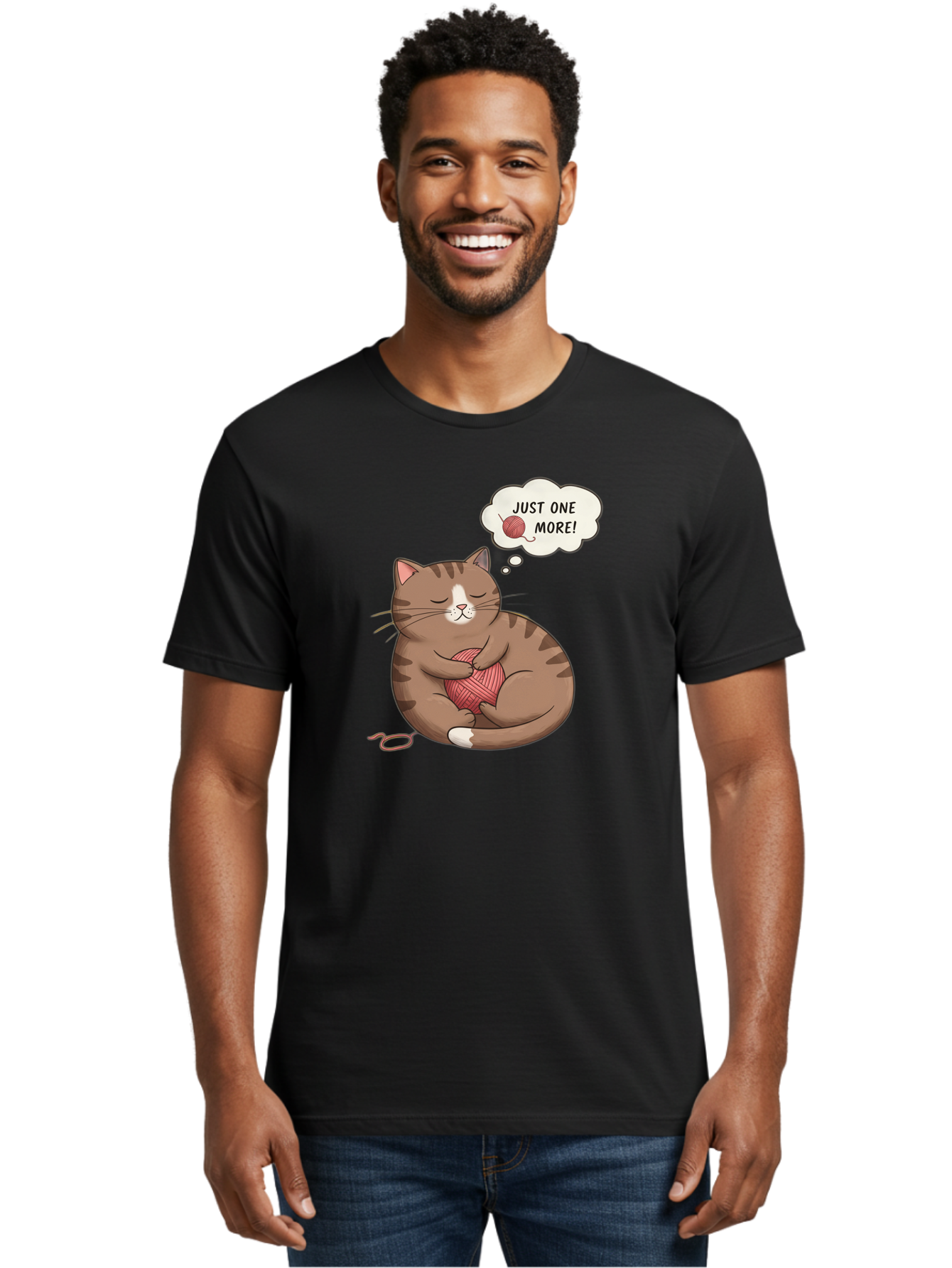 Just-One-More Men'S Graphic Tee, 100% Cotton, Comfortable Casual Summer Wear, Machine Washable, Cat Hugging Yarn Ball, Cartoon Cat, Cute Animal, Funny Meme, Knitting Humor, Adorable Feline, Playful Kitty, Cat Love, Yarn Obsession, Bac084 19