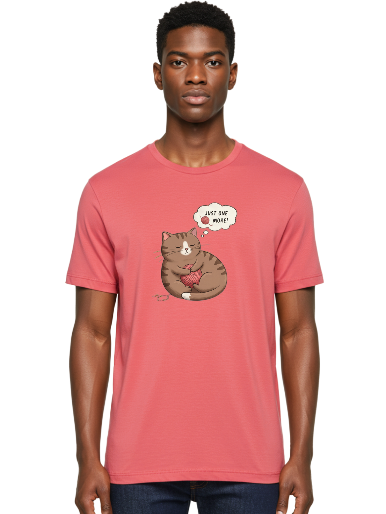 Just-One-More Men'S Graphic Tee, 100% Cotton, Comfortable Casual Summer Wear, Machine Washable, Cat Hugging Yarn Ball, Cartoon Cat, Cute Animal, Funny Meme, Knitting Humor, Adorable Feline, Playful Kitty, Cat Love, Yarn Obsession, Bac084 21