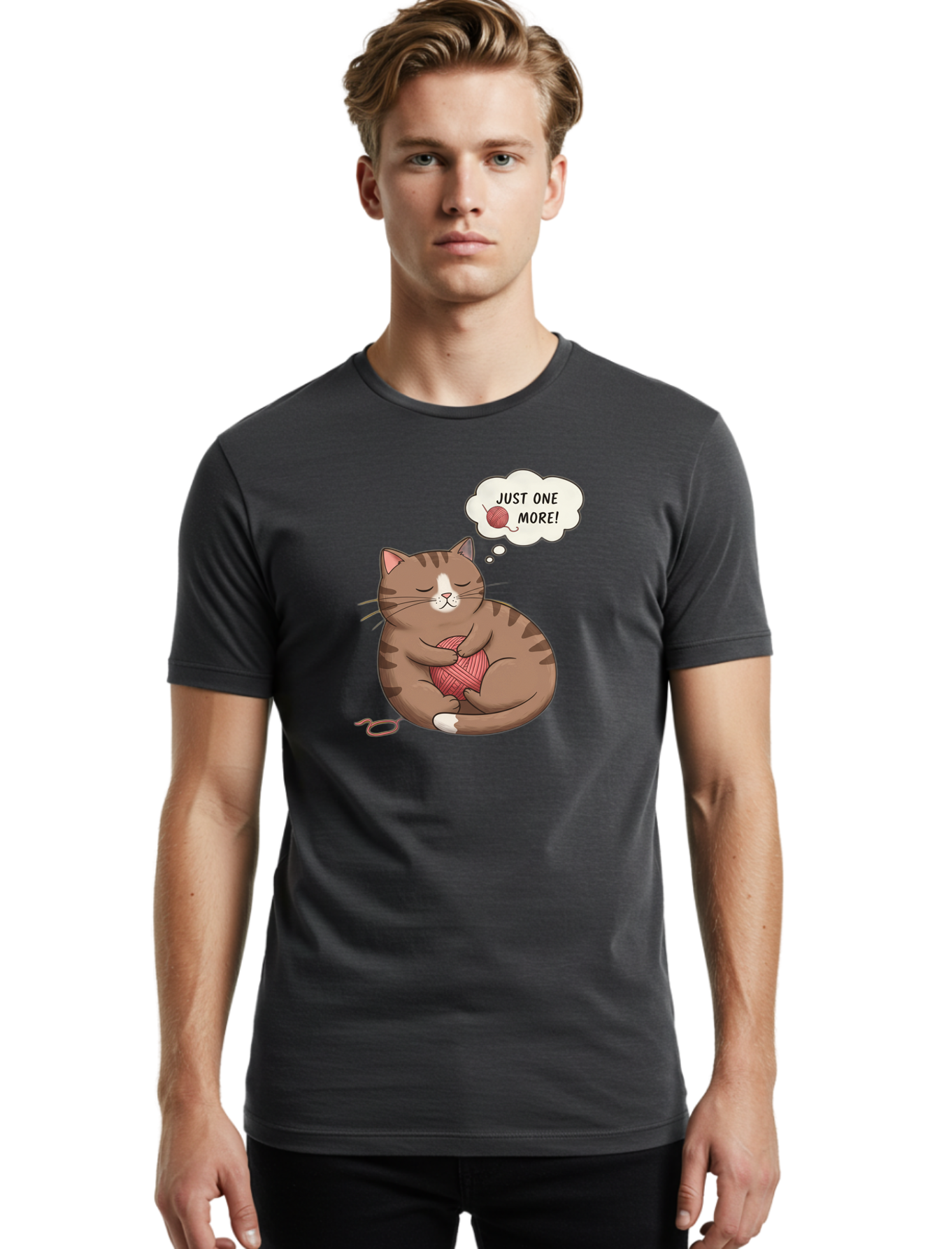 Just-One-More Men'S Graphic Tee, 100% Cotton, Comfortable Casual Summer Wear, Machine Washable, Cat Hugging Yarn Ball, Cartoon Cat, Cute Animal, Funny Meme, Knitting Humor, Adorable Feline, Playful Kitty, Cat Love, Yarn Obsession, Bac084 17