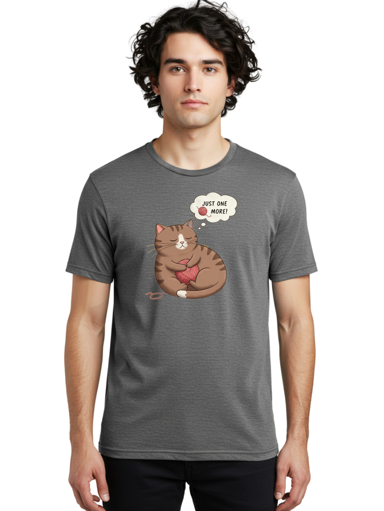 Just-One-More Men'S Graphic Tee, 100% Cotton, Comfortable Casual Summer Wear, Machine Washable, Cat Hugging Yarn Ball, Cartoon Cat, Cute Animal, Funny Meme, Knitting Humor, Adorable Feline, Playful Kitty, Cat Love, Yarn Obsession, Bac084 29