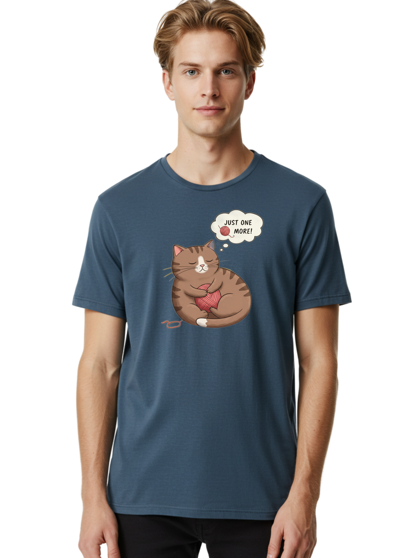 Just-One-More Men'S Graphic Tee, 100% Cotton, Comfortable Casual Summer Wear, Machine Washable, Cat Hugging Yarn Ball, Cartoon Cat, Cute Animal, Funny Meme, Knitting Humor, Adorable Feline, Playful Kitty, Cat Love, Yarn Obsession, Bac084 30