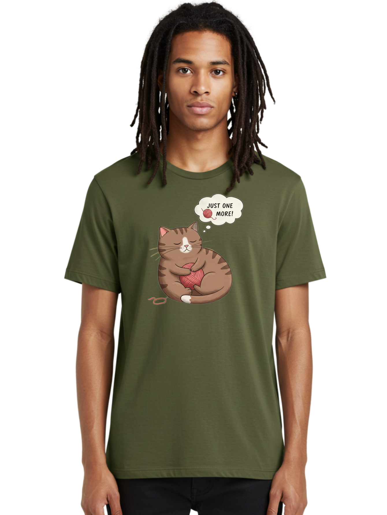 Just-One-More Men'S Graphic Tee, 100% Cotton, Comfortable Casual Summer Wear, Machine Washable, Cat Hugging Yarn Ball, Cartoon Cat, Cute Animal, Funny Meme, Knitting Humor, Adorable Feline, Playful Kitty, Cat Love, Yarn Obsession, Bac084 18