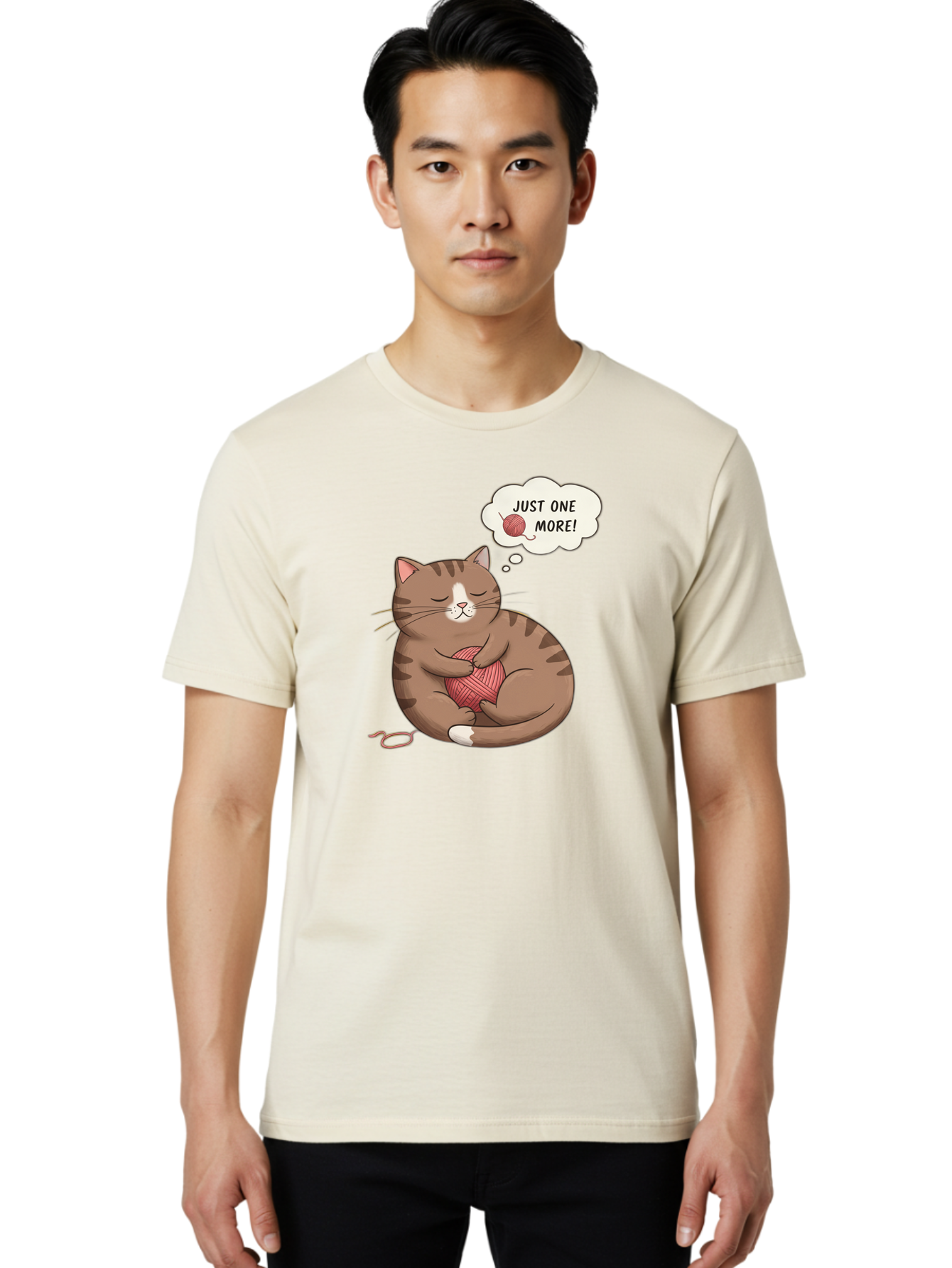 Just-One-More Men'S Graphic Tee, 100% Cotton, Comfortable Casual Summer Wear, Machine Washable, Cat Hugging Yarn Ball, Cartoon Cat, Cute Animal, Funny Meme, Knitting Humor, Adorable Feline, Playful Kitty, Cat Love, Yarn Obsession, Bac084 16