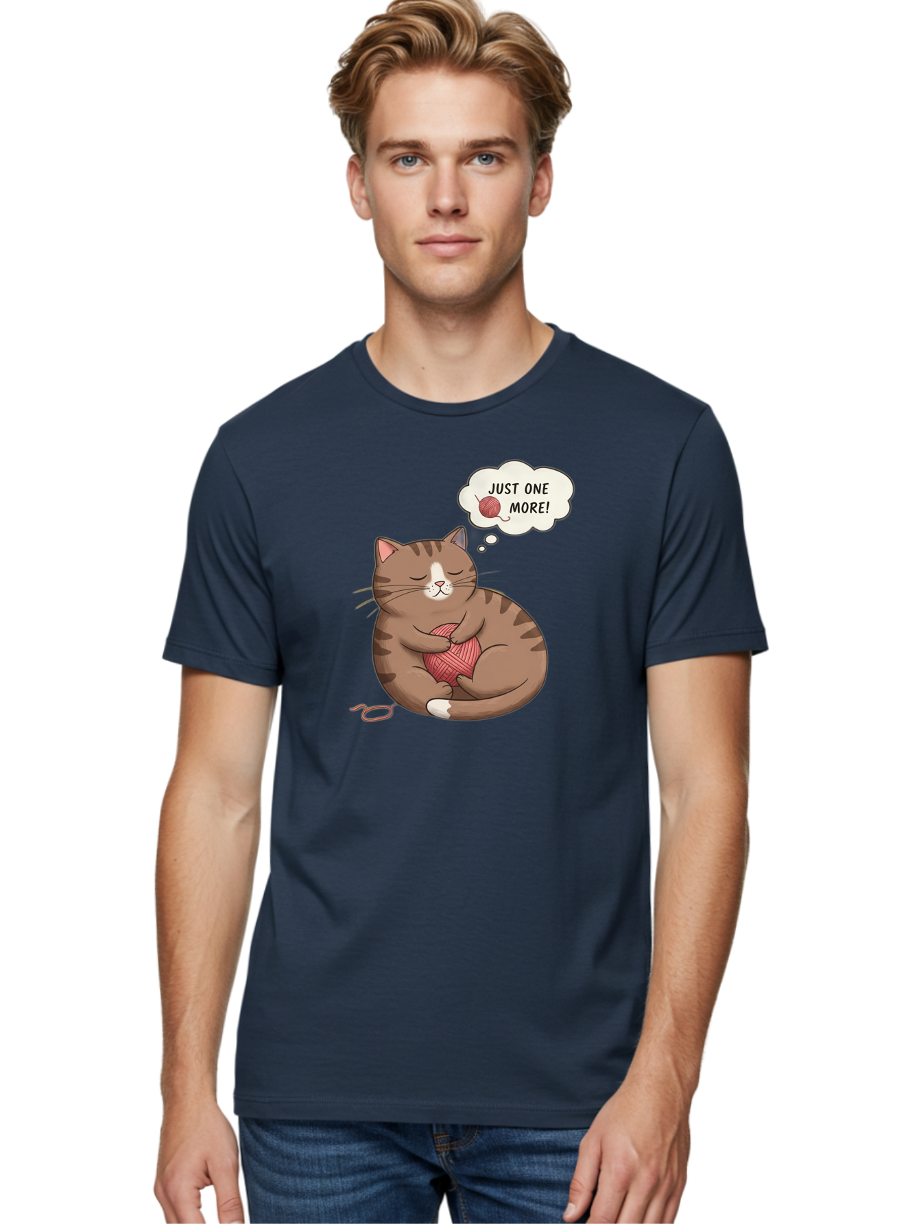 Just-One-More Men'S Graphic Tee, 100% Cotton, Comfortable Casual Summer Wear, Machine Washable, Cat Hugging Yarn Ball, Cartoon Cat, Cute Animal, Funny Meme, Knitting Humor, Adorable Feline, Playful Kitty, Cat Love, Yarn Obsession, Bac084 20