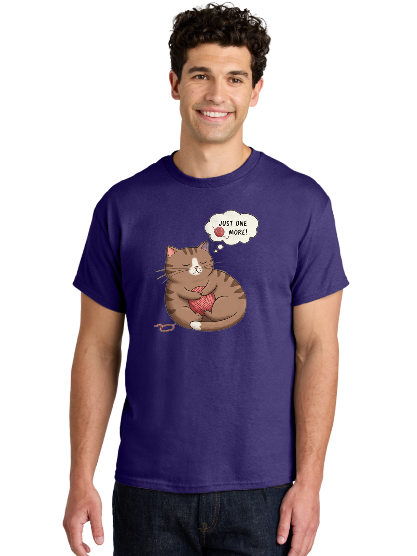 Just-One-More Men'S Graphic Tee, 100% Cotton, Comfortable Casual Summer Wear, Machine Washable, Cat Hugging Yarn Ball, Cartoon Cat, Cute Animal, Funny Meme, Knitting Humor, Adorable Feline, Playful Kitty, Cat Love, Yarn Obsession, Bac084 23