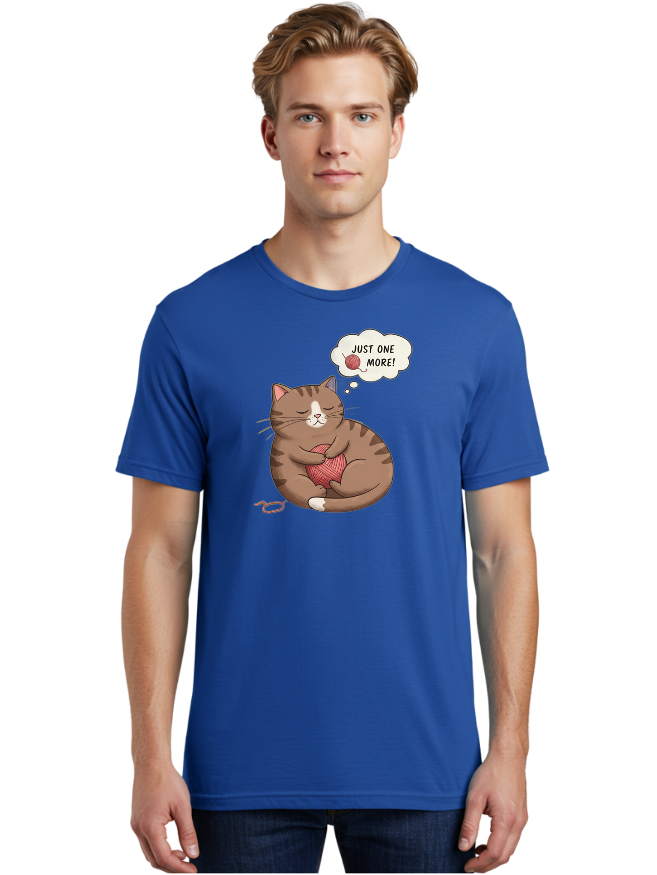 Just-One-More Men'S Graphic Tee, 100% Cotton, Comfortable Casual Summer Wear, Machine Washable, Cat Hugging Yarn Ball, Cartoon Cat, Cute Animal, Funny Meme, Knitting Humor, Adorable Feline, Playful Kitty, Cat Love, Yarn Obsession, Bac084 22