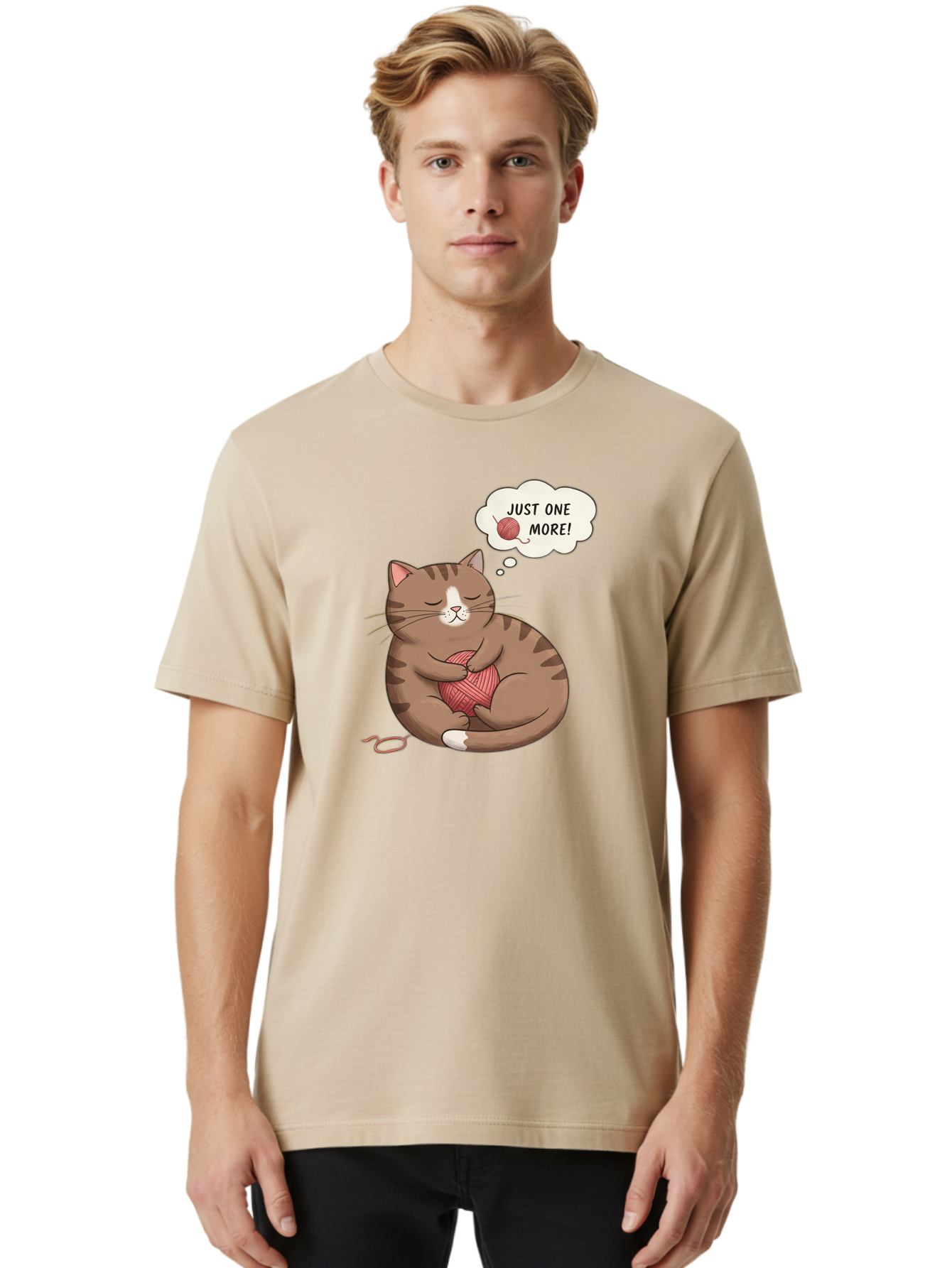 Just-One-More Men'S Graphic Tee, 100% Cotton, Comfortable Casual Summer Wear, Machine Washable, Cat Hugging Yarn Ball, Cartoon Cat, Cute Animal, Funny Meme, Knitting Humor, Adorable Feline, Playful Kitty, Cat Love, Yarn Obsession, Bac084 28