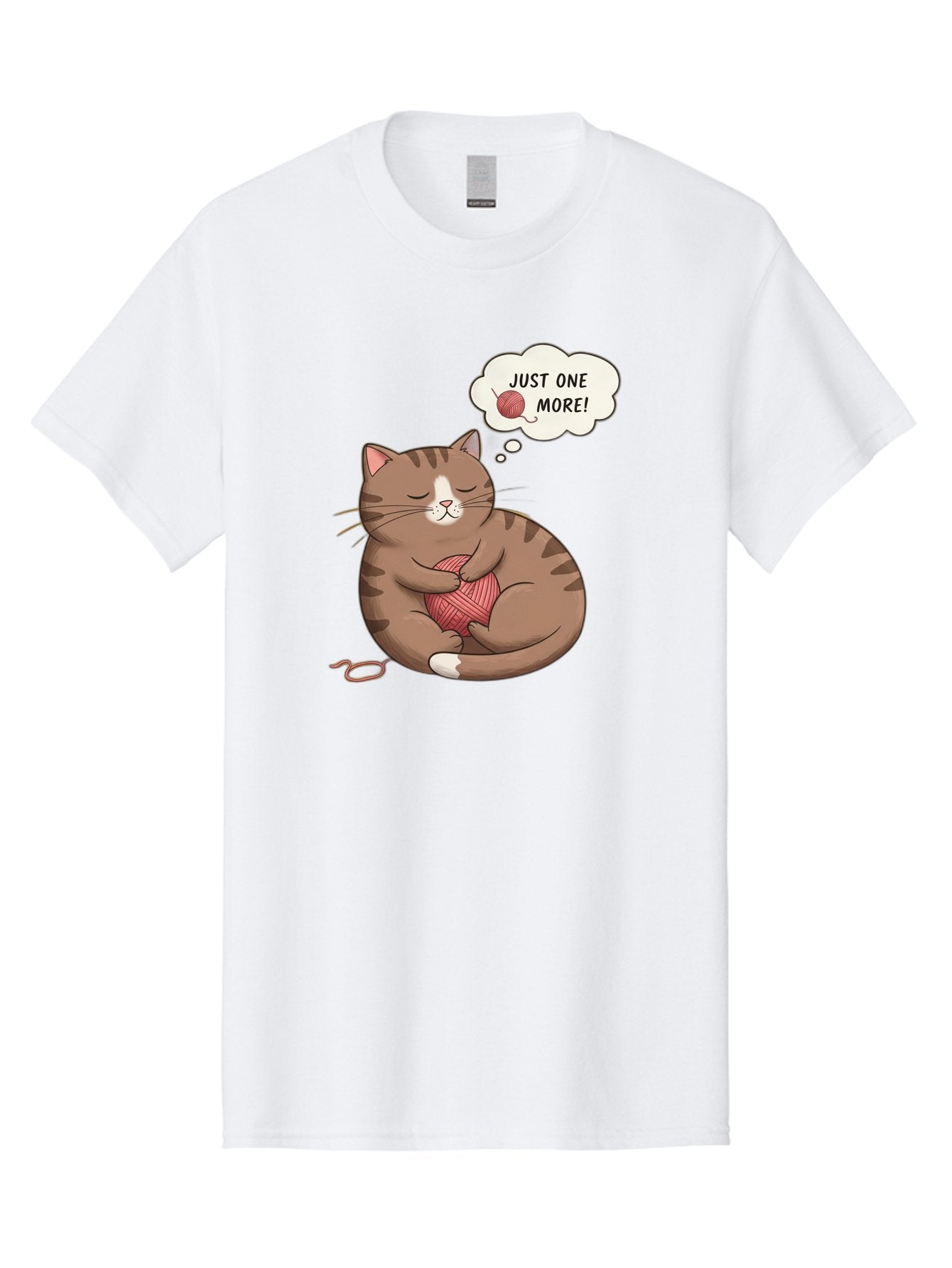 Just-One-More Men'S Graphic Tee, 100% Cotton, Comfortable Casual Summer Wear, Machine Washable, Cat Hugging Yarn Ball, Cartoon Cat, Cute Animal, Funny Meme, Knitting Humor, Adorable Feline, Playful Kitty, Cat Love, Yarn Obsession, Bac084