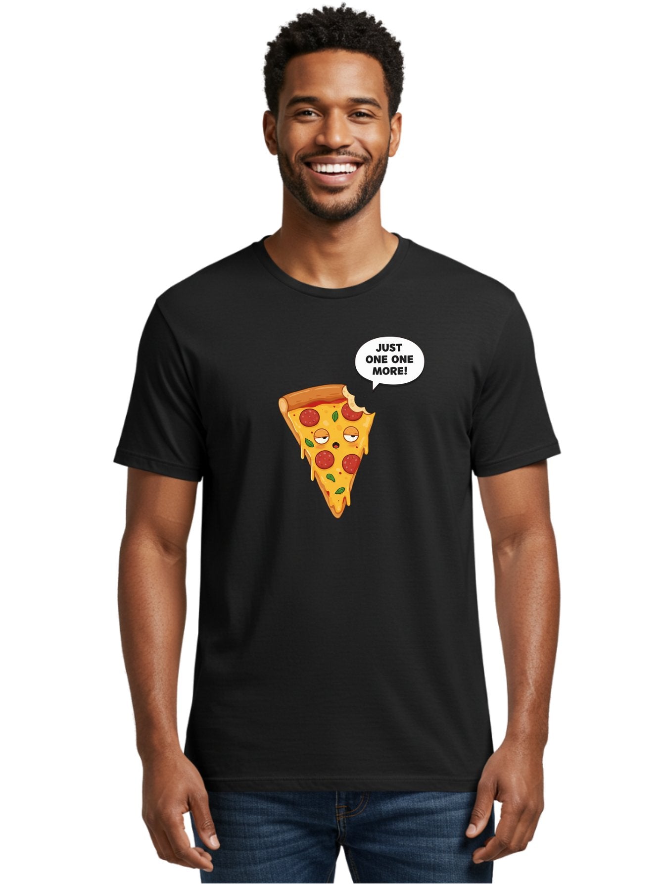 Just-One-One-More Men'S Graphic Tee, 100% Cotton, Comfortable Casual Summer Wear, Machine Washable, Cartoon Pizza Slice, Winking Face, Speech Bubble, Just One More, Pepperoni Pizza, Tempting Food, Cheesy Goodness, Indulgent Treat, Bac085 25